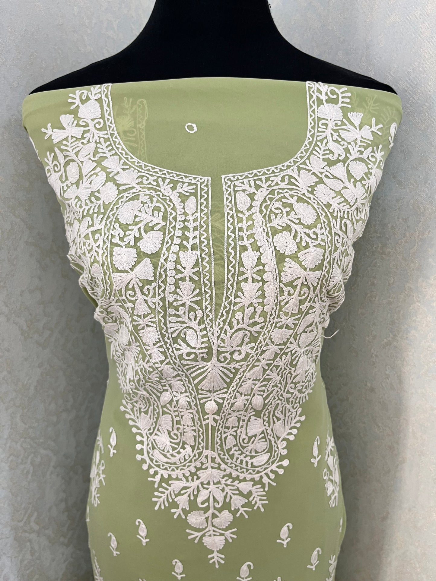 Pista Green Georgette Kashmiri Unstitched Kurta Material