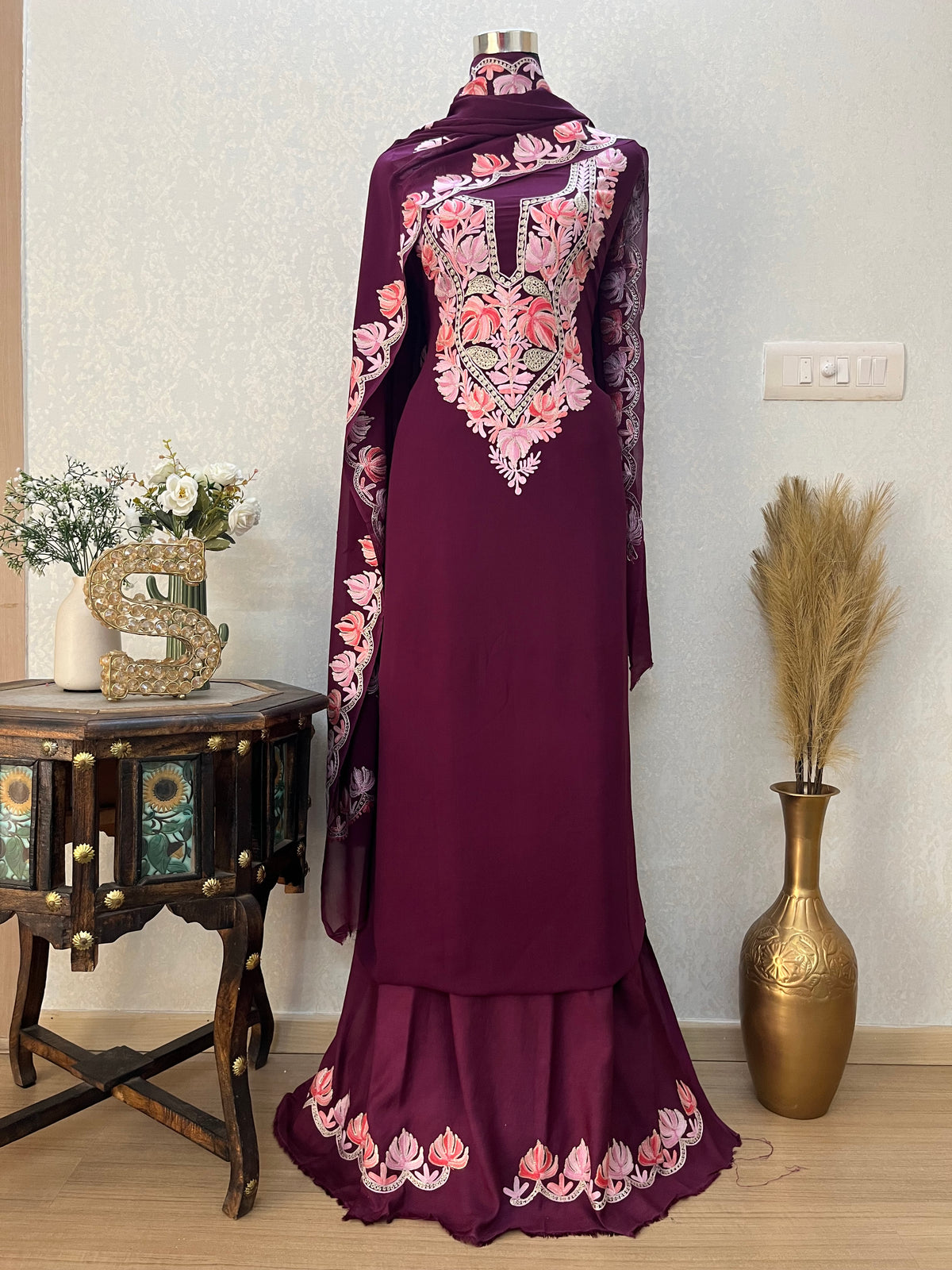 Wine Pure Georgette Kashmiri Suit