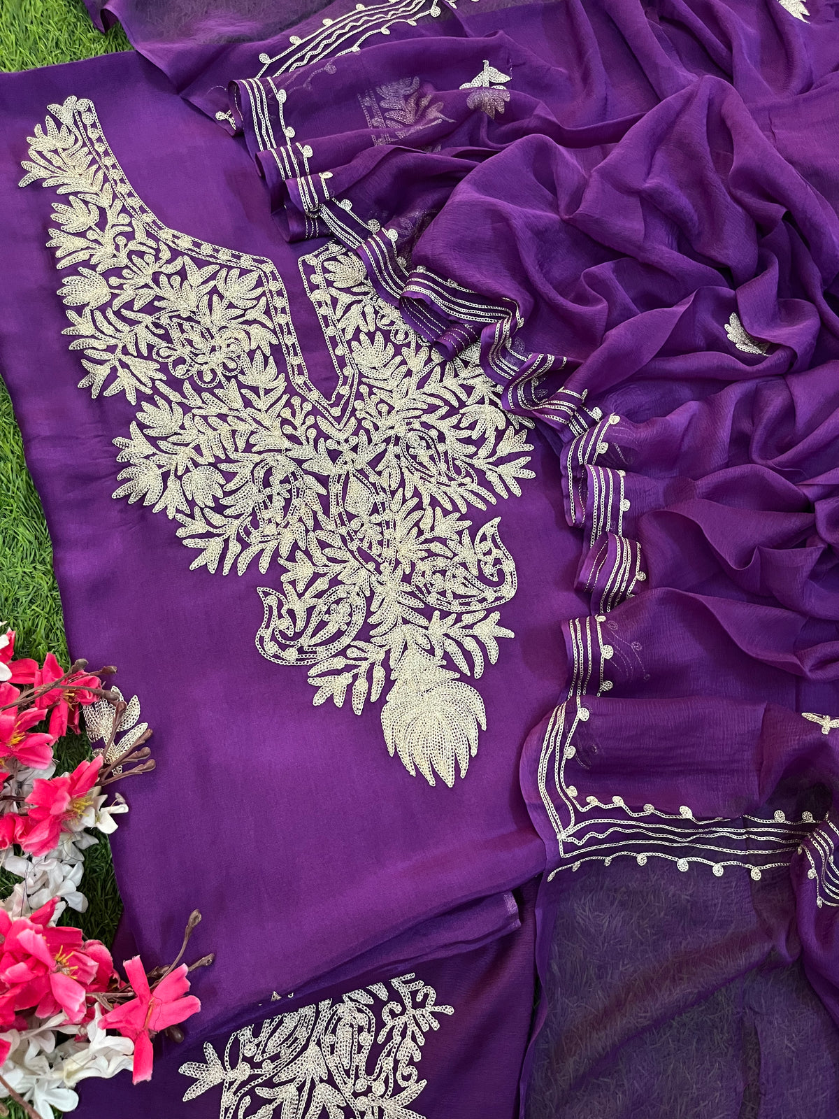 Purple Silk Tilla Kashmiri Suit