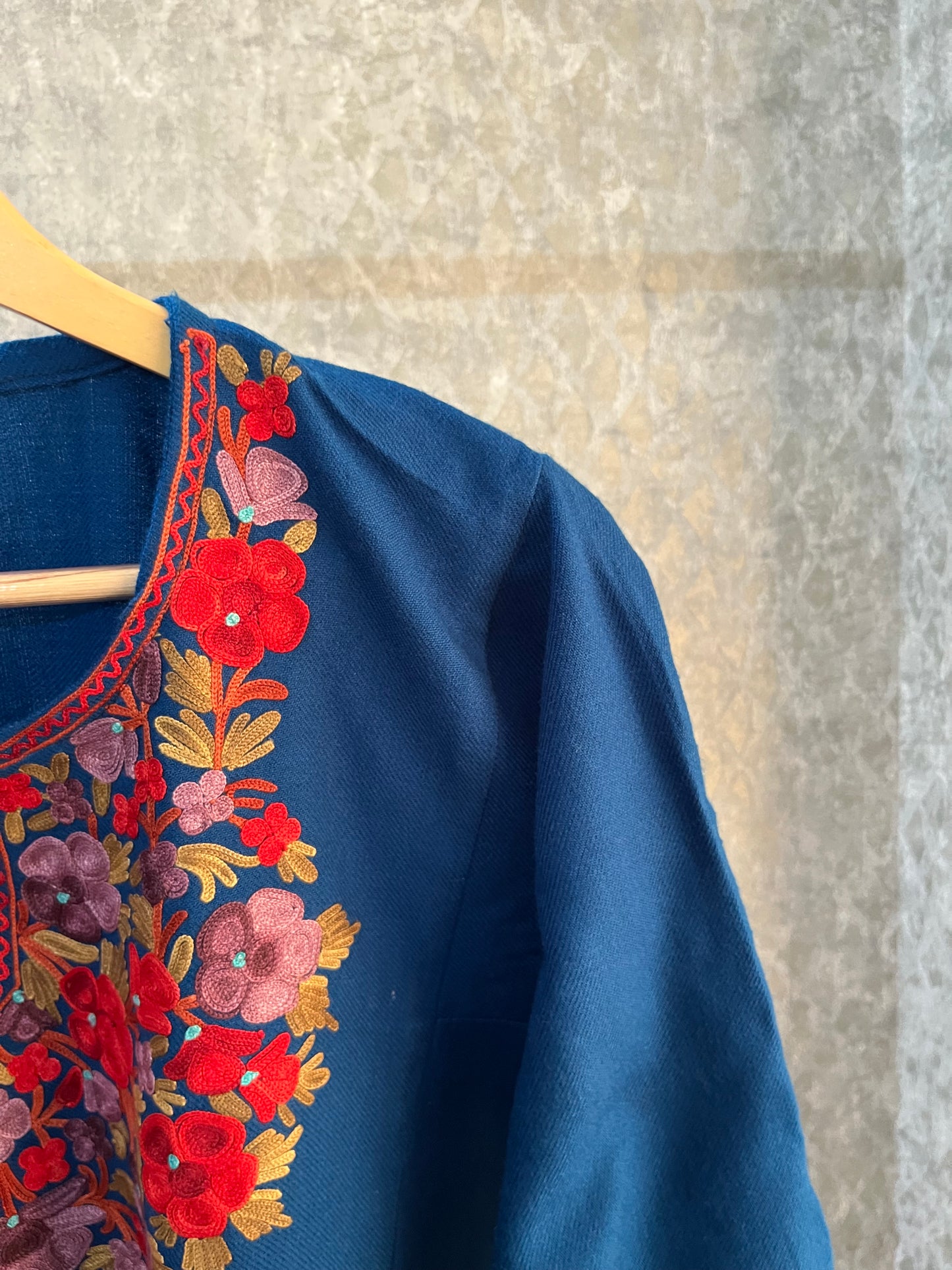 Peacock Blue Aari Embroidered Wool Pheran