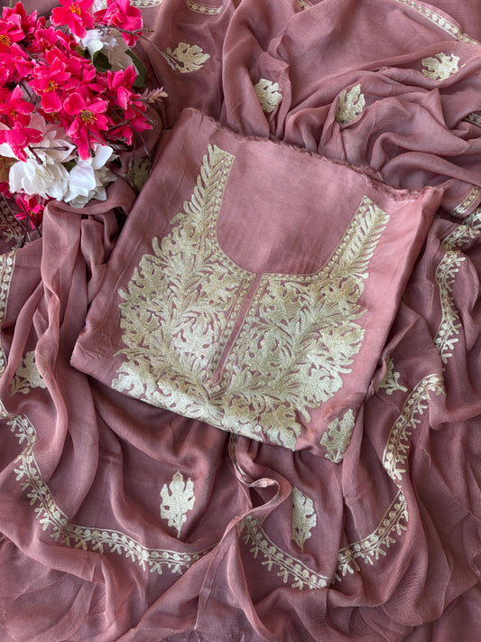 Onion Pink Silk Tilla Kashmiri Suit