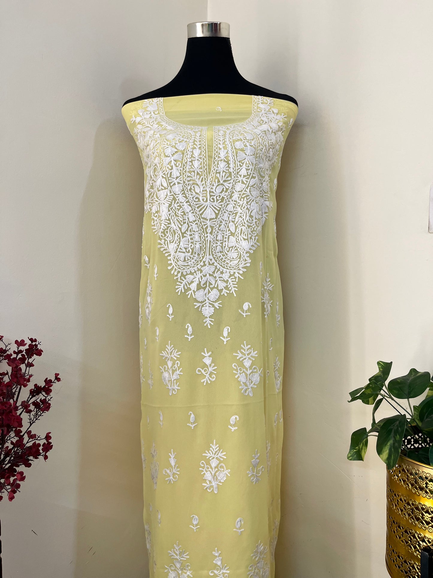 Lemon Yellow Georgette Kashmiri Unstitched Kurta Material