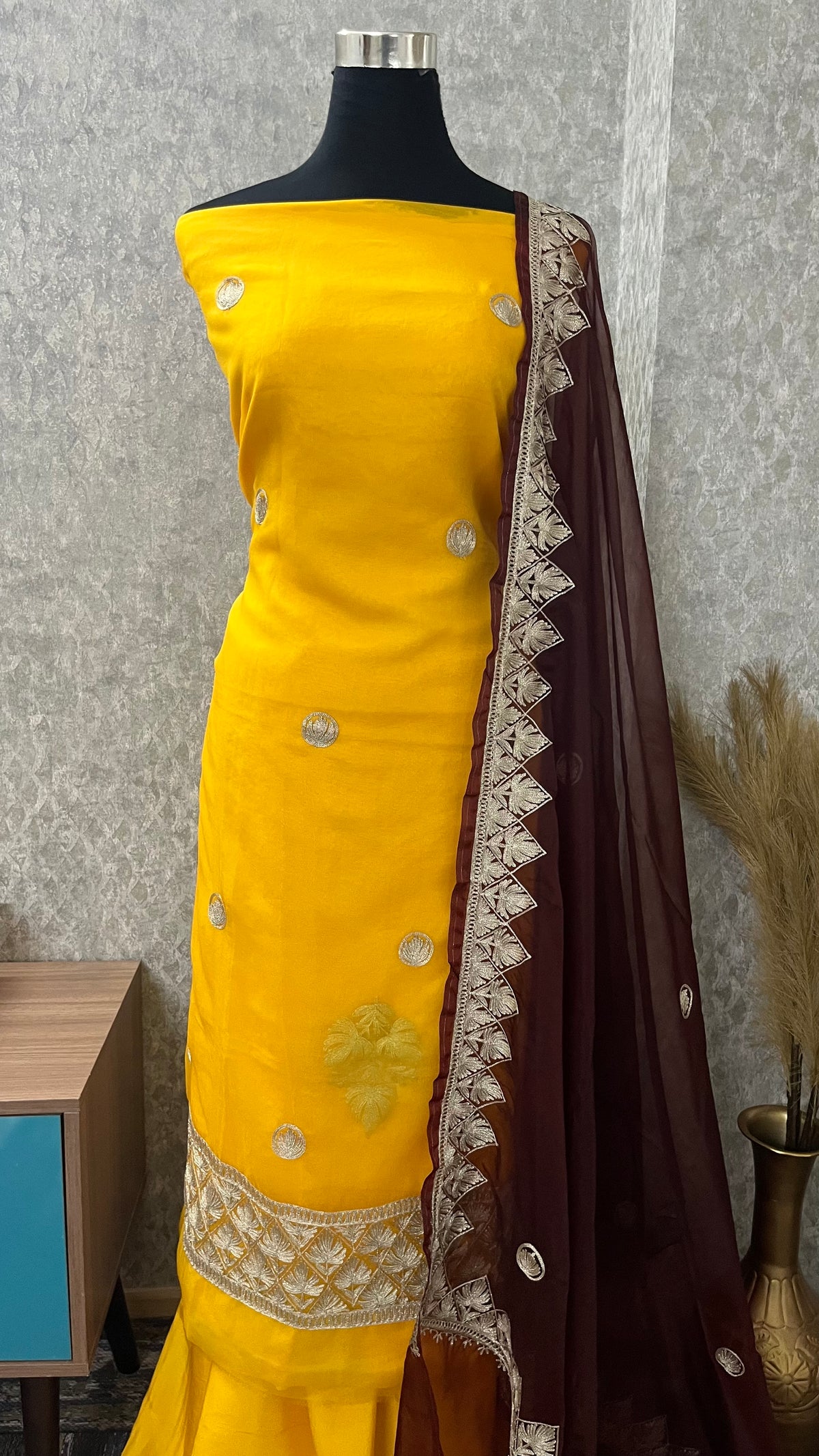 Yellow Soft Tissue Kashmiri Suit