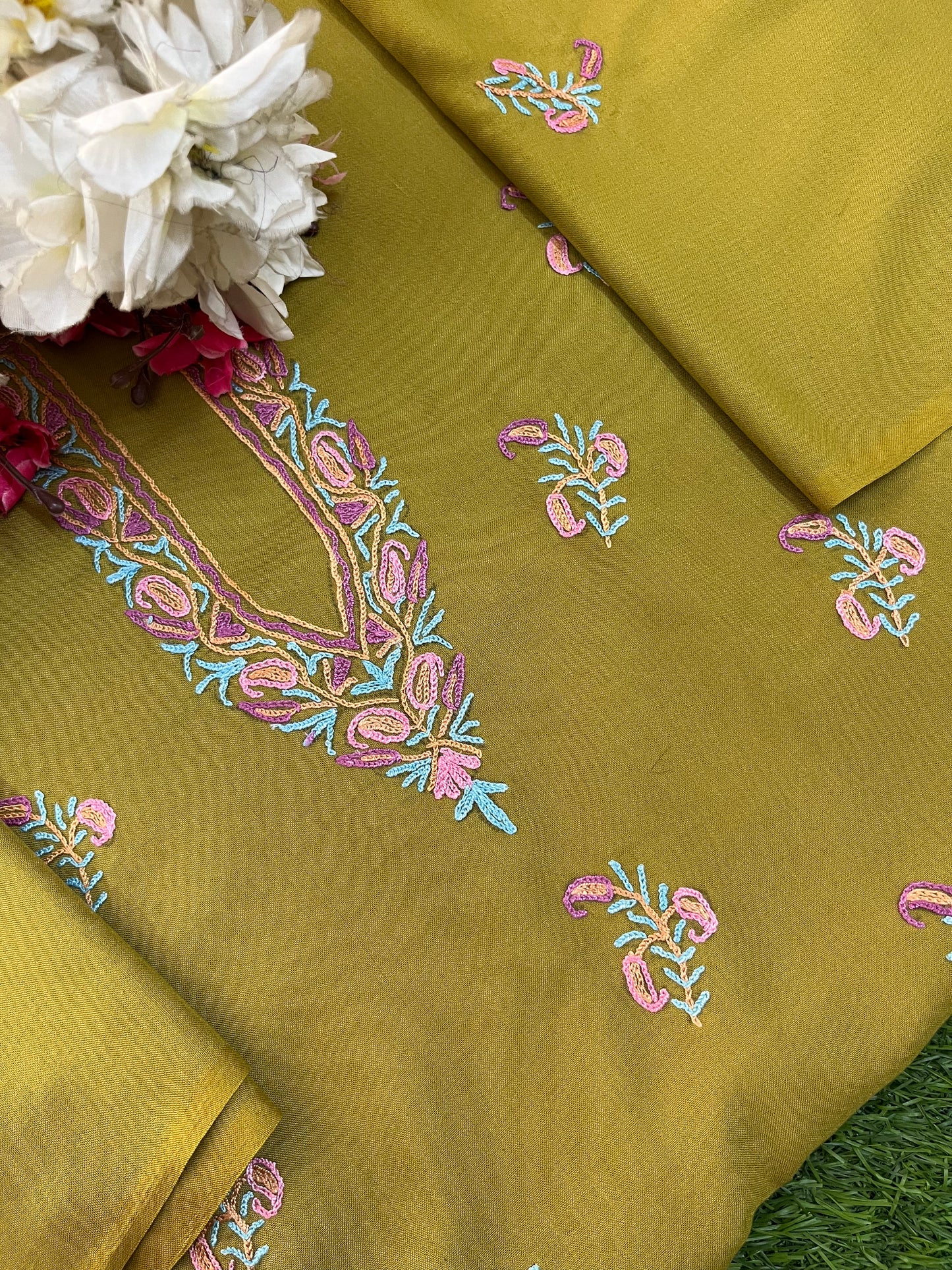 Lime Green Cotton Two Piece Suit (Hand Embroidered)