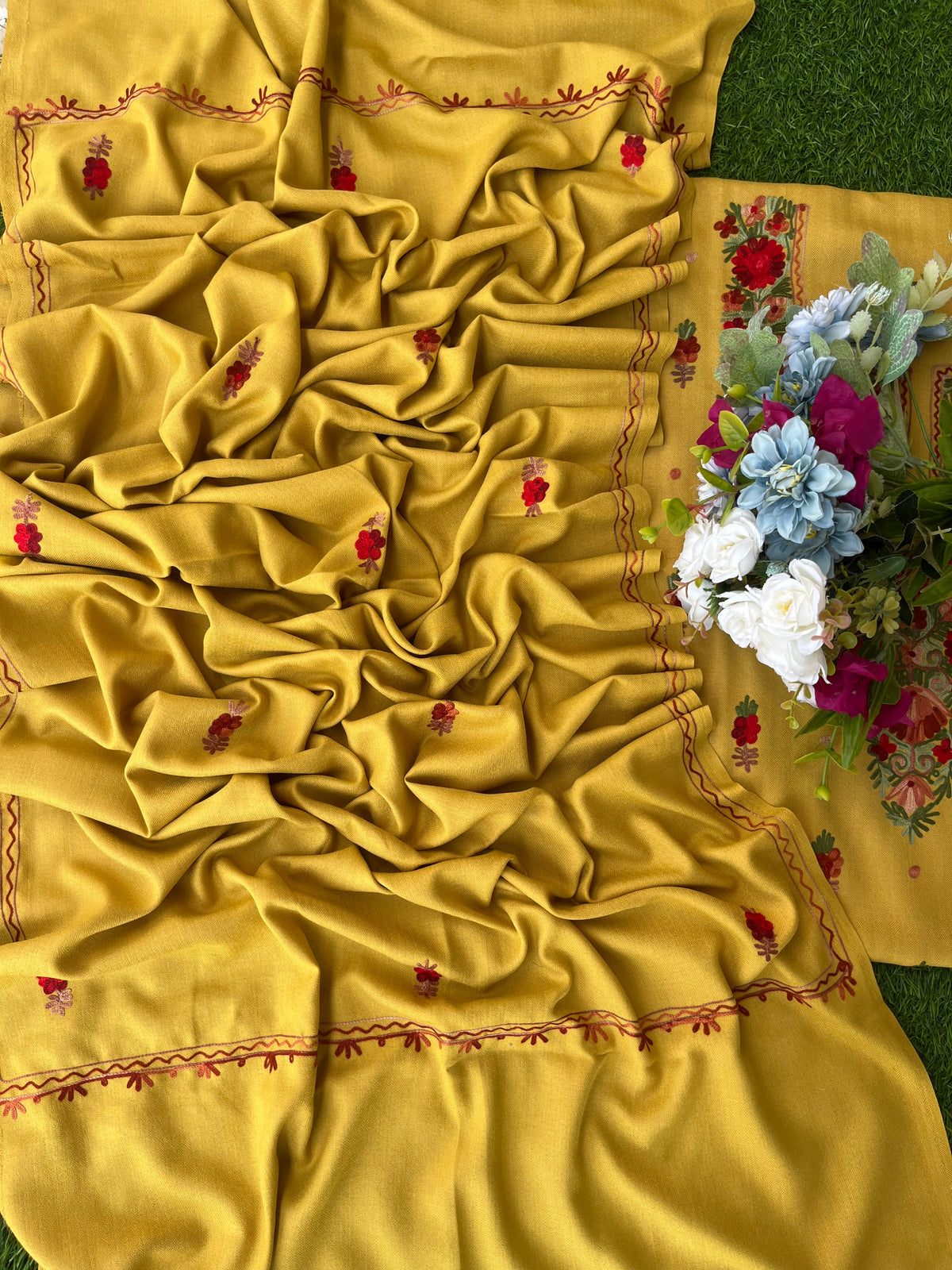 Yellow Woollen Aari Embroidered 3pc suit