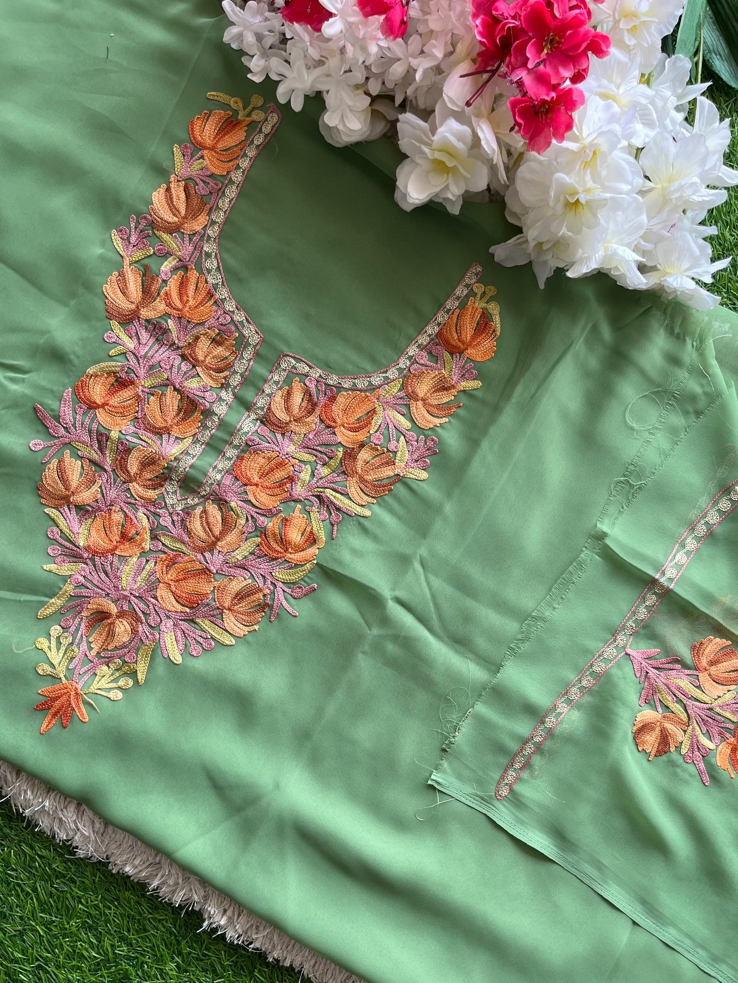 Tea Green Georgette Aari Embroidered Unstitched Kurta Material