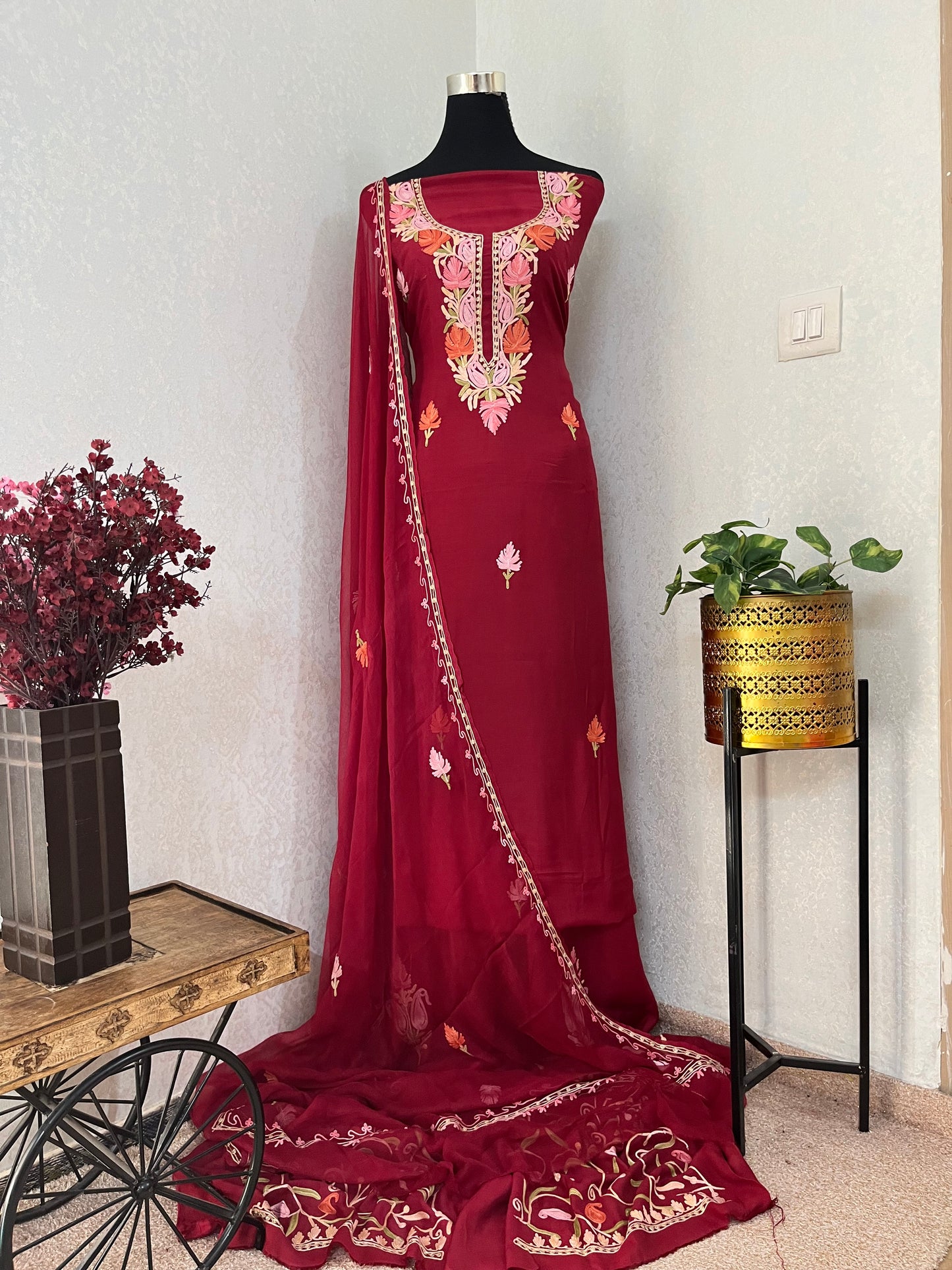 Maroon Muslin Cotton Jaal Sleeves Kashmiri 3pc Suit