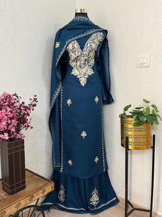 Peacock Blue Tilla Embroidered 3pc Suit Stole