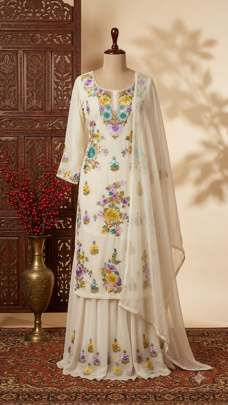 Off White Georgette 3 Pc Kashmiri Suit