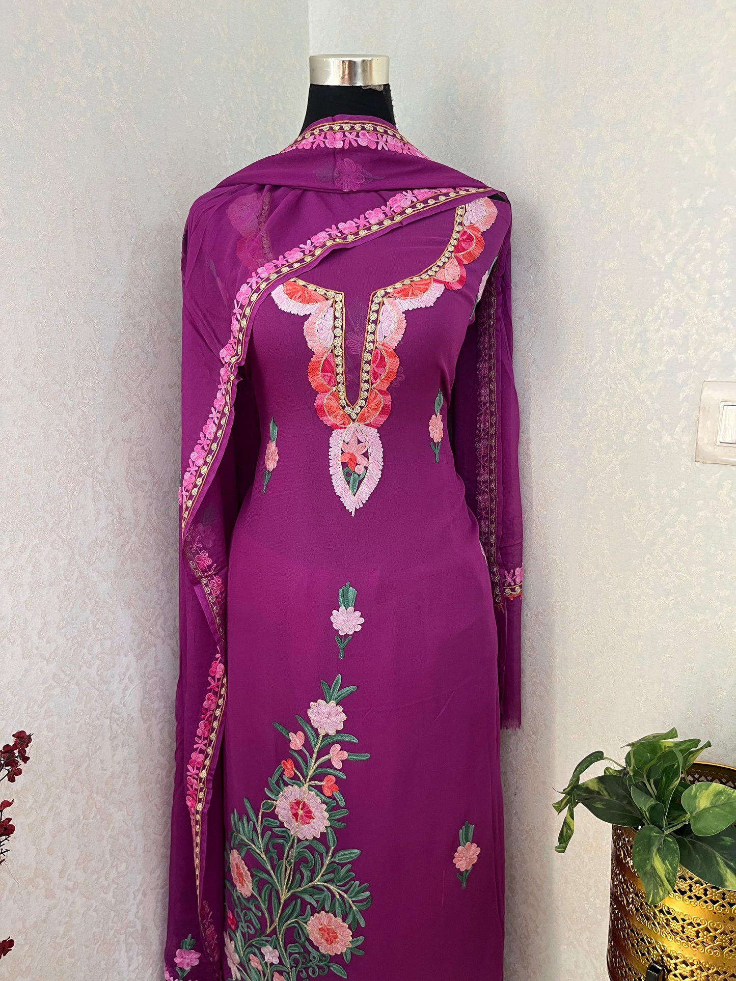 Wine Pure Georgette Aari Embroidered Suit