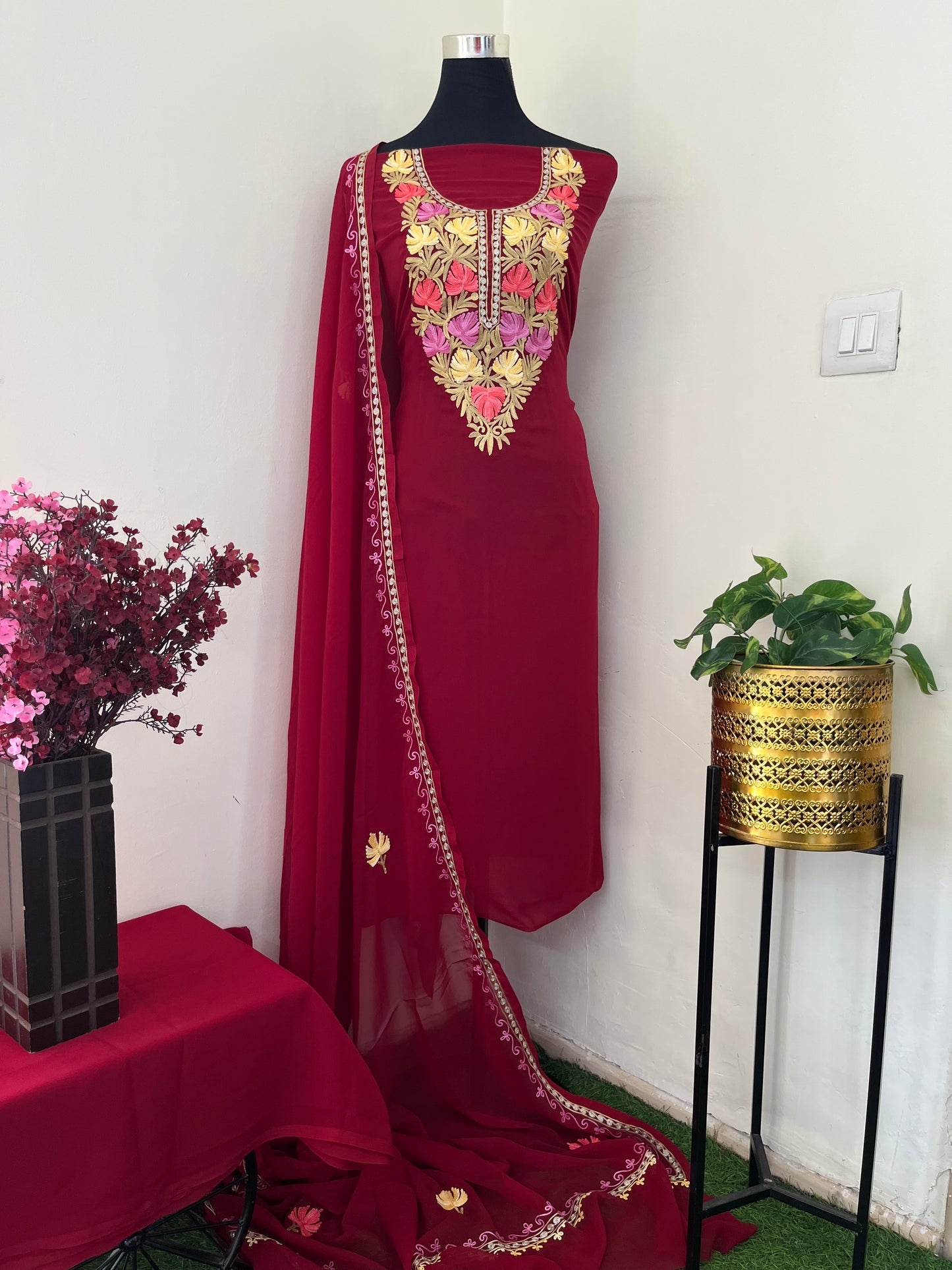 Maroon Georgette 3 Pc Aari Embroidered Suit Set