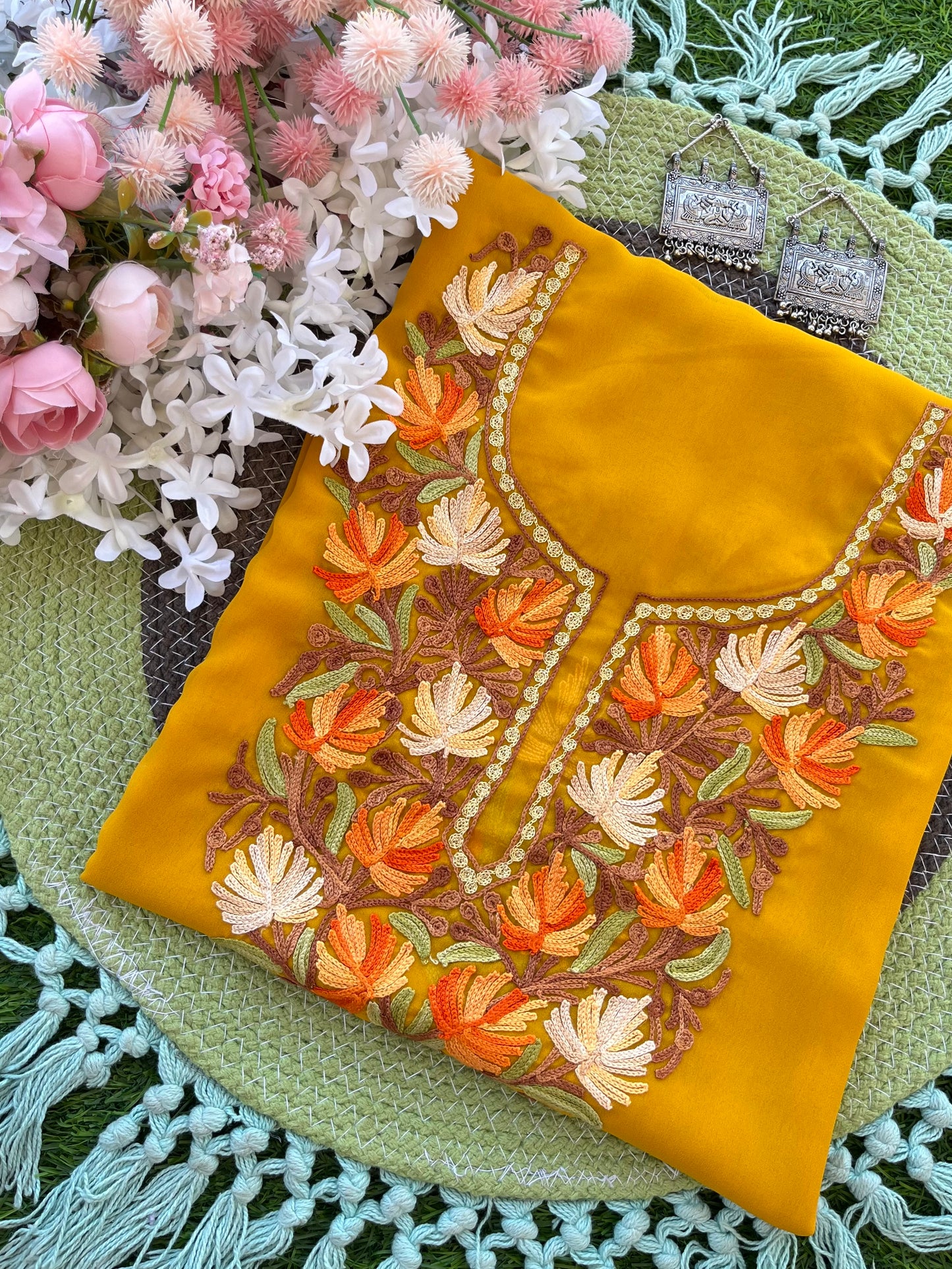 Mustard Georgette Aari Embroidered Unstitched Kurta Material