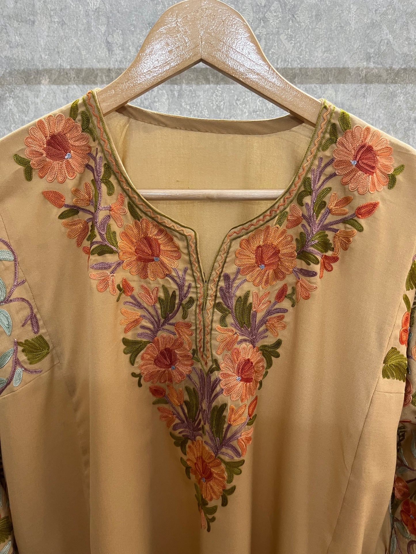 Beige Cotton Arm Jaal Pheran Set