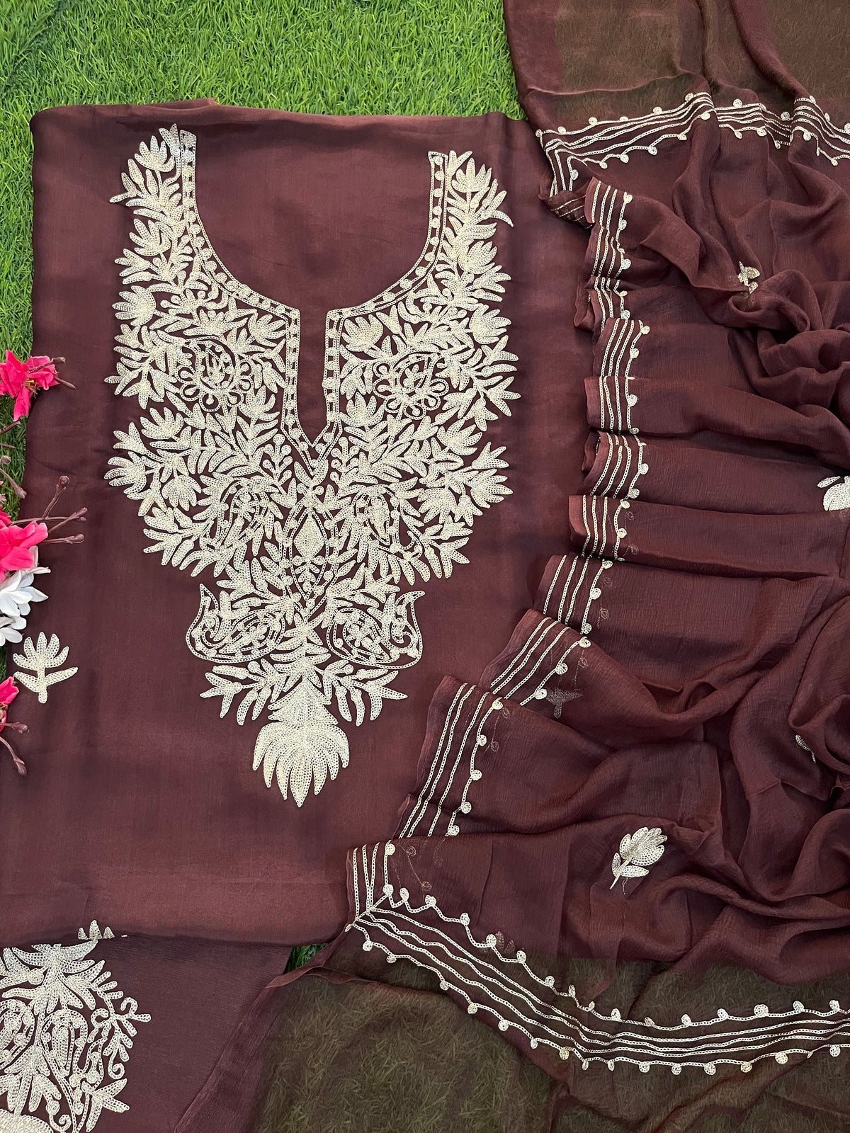 Brown Silk Tilla Kashmiri Suit
