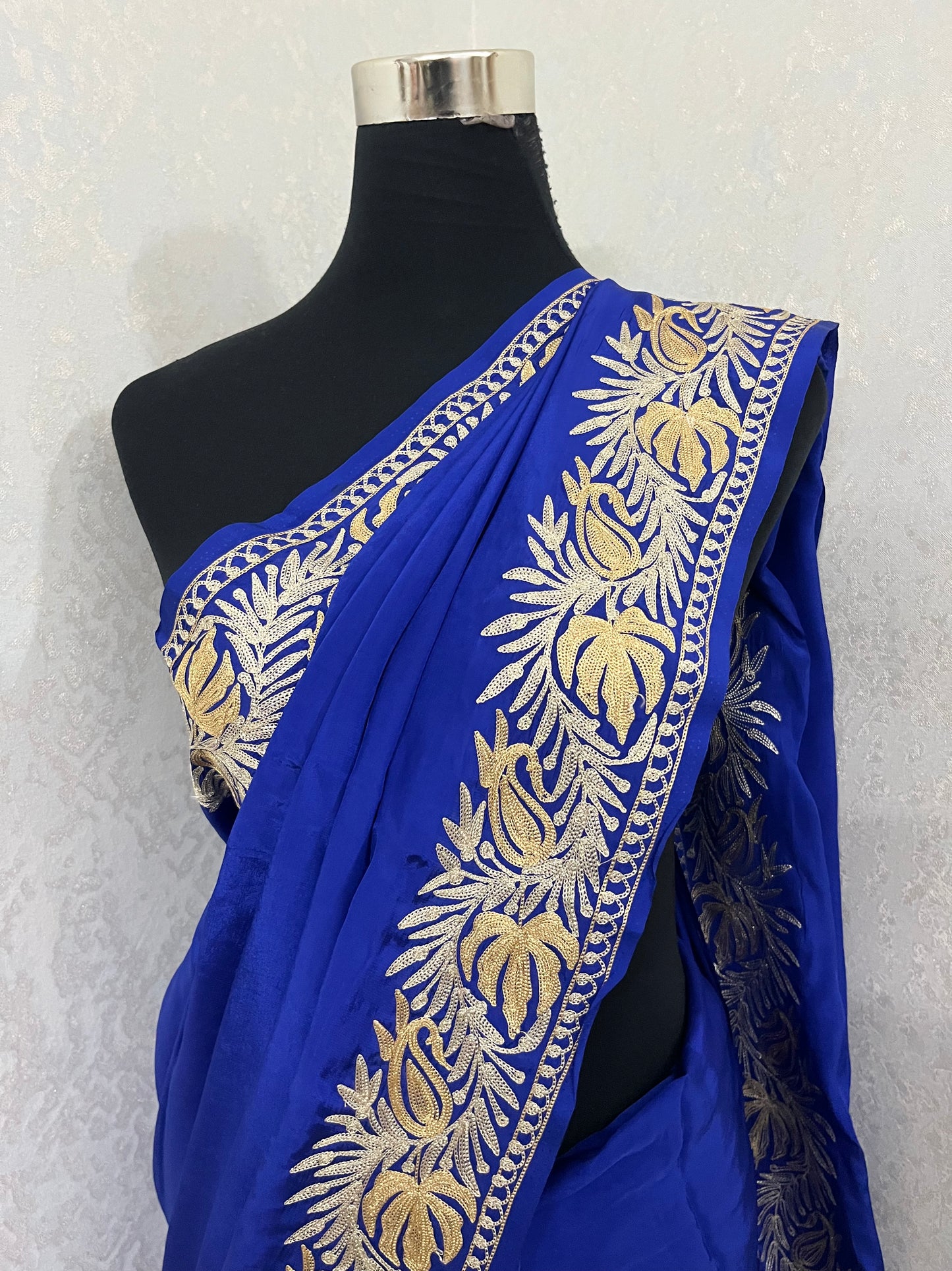Royal Blue Pure Vetson Crape Kashmiri Saree