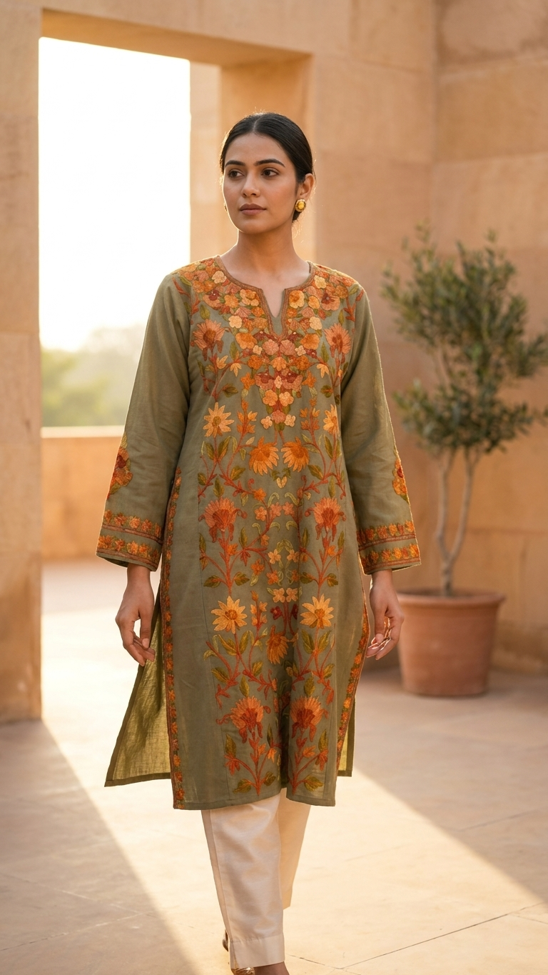 Beige Aari Embroidered Wool Pheran