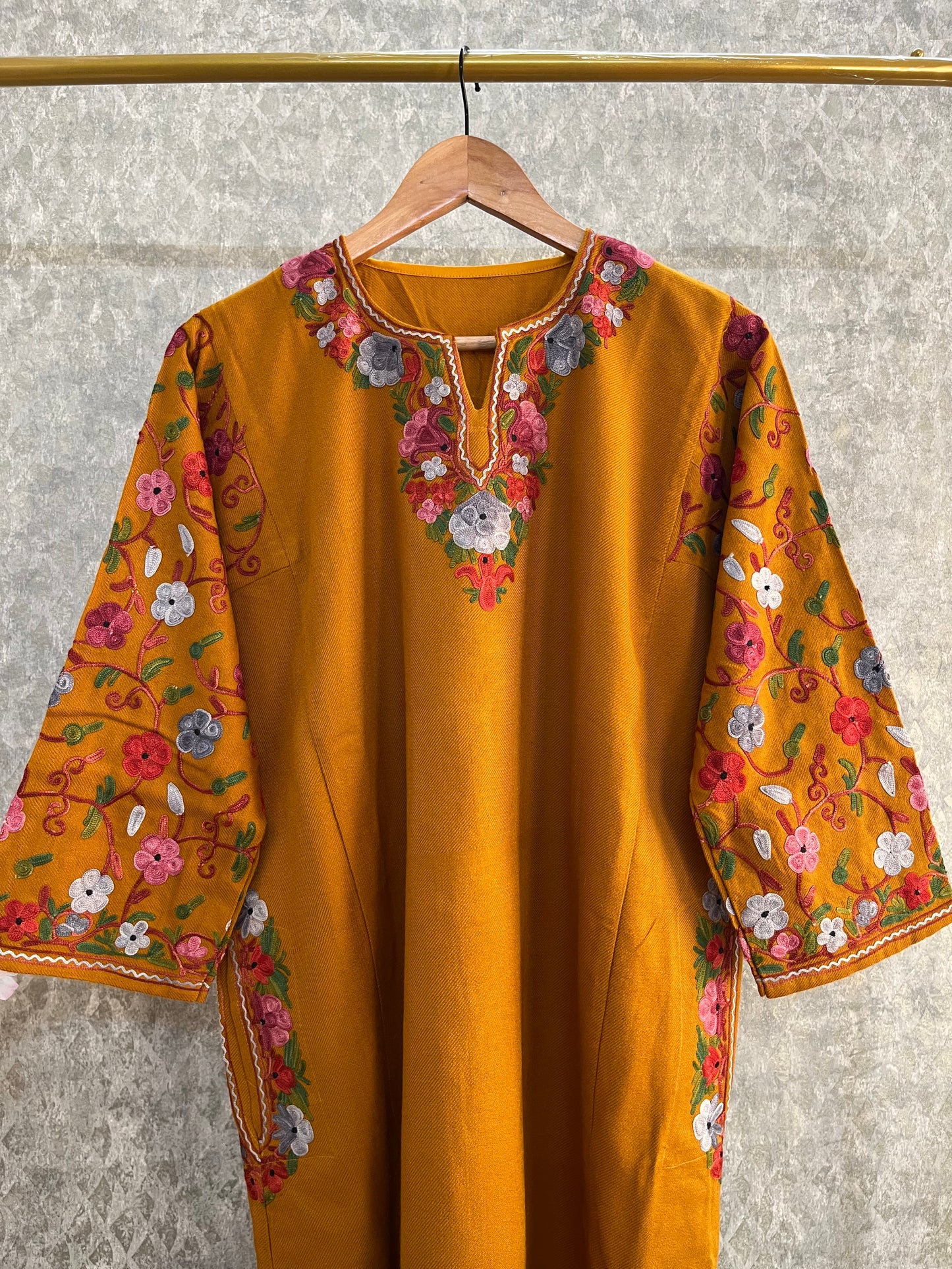 Mustard Aari Embroidered Wool Pheran
