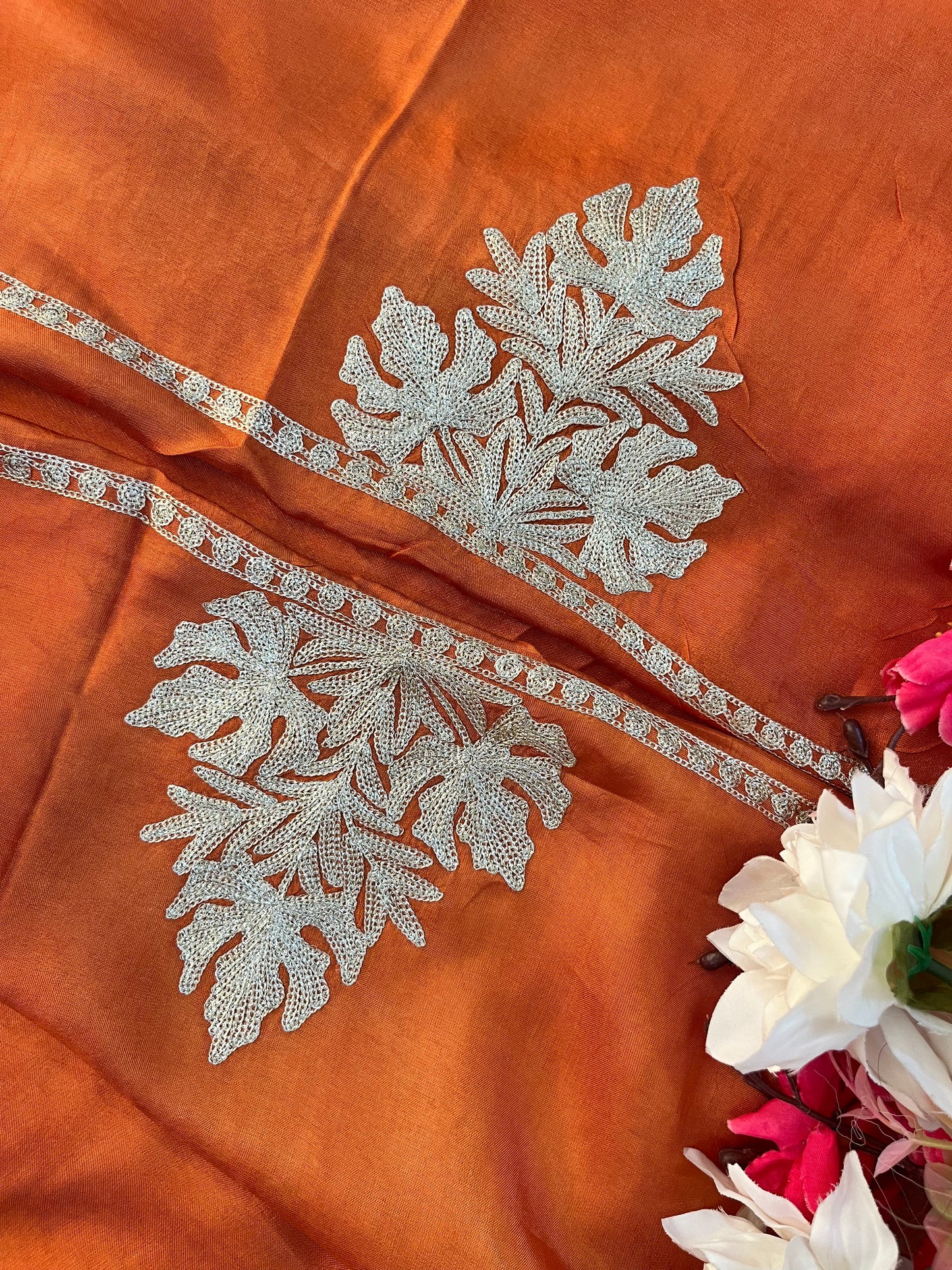 Soft Orange Sanam’ Silk Tilla Kashmiri Suit