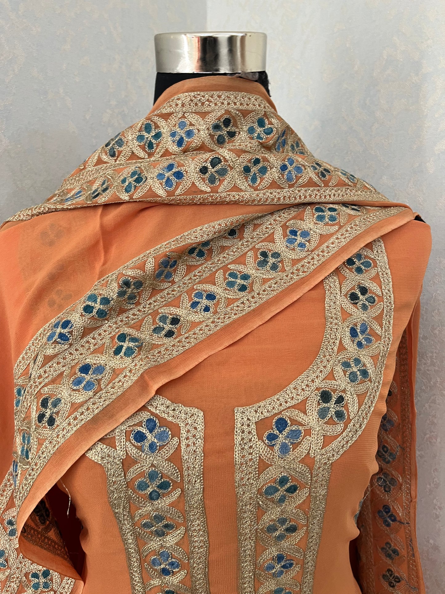 Peach Pure Georgette 3Pc Kashmiri Embroidered Suit