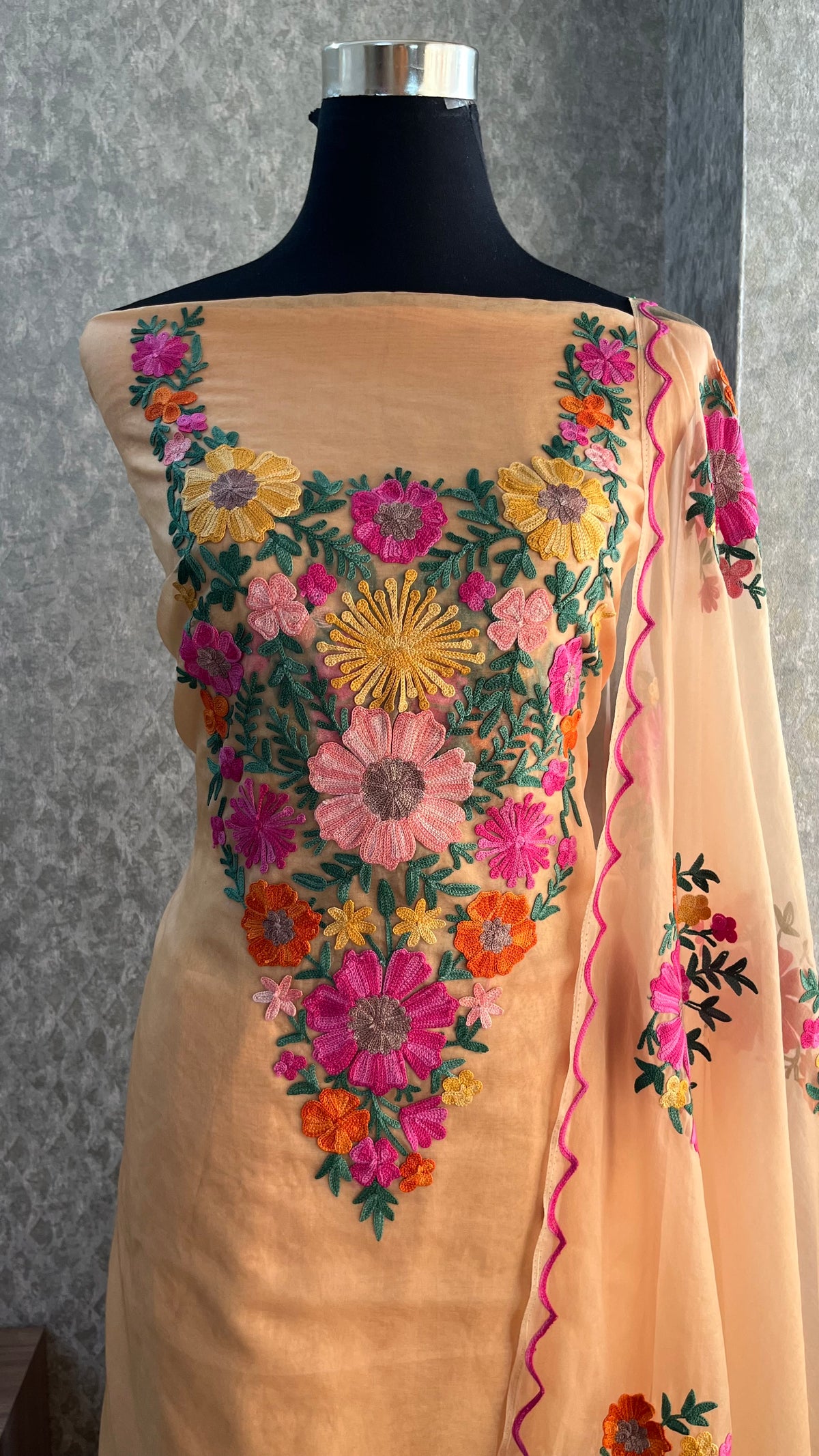 Beige Soft Tissue Kashmiri Suit