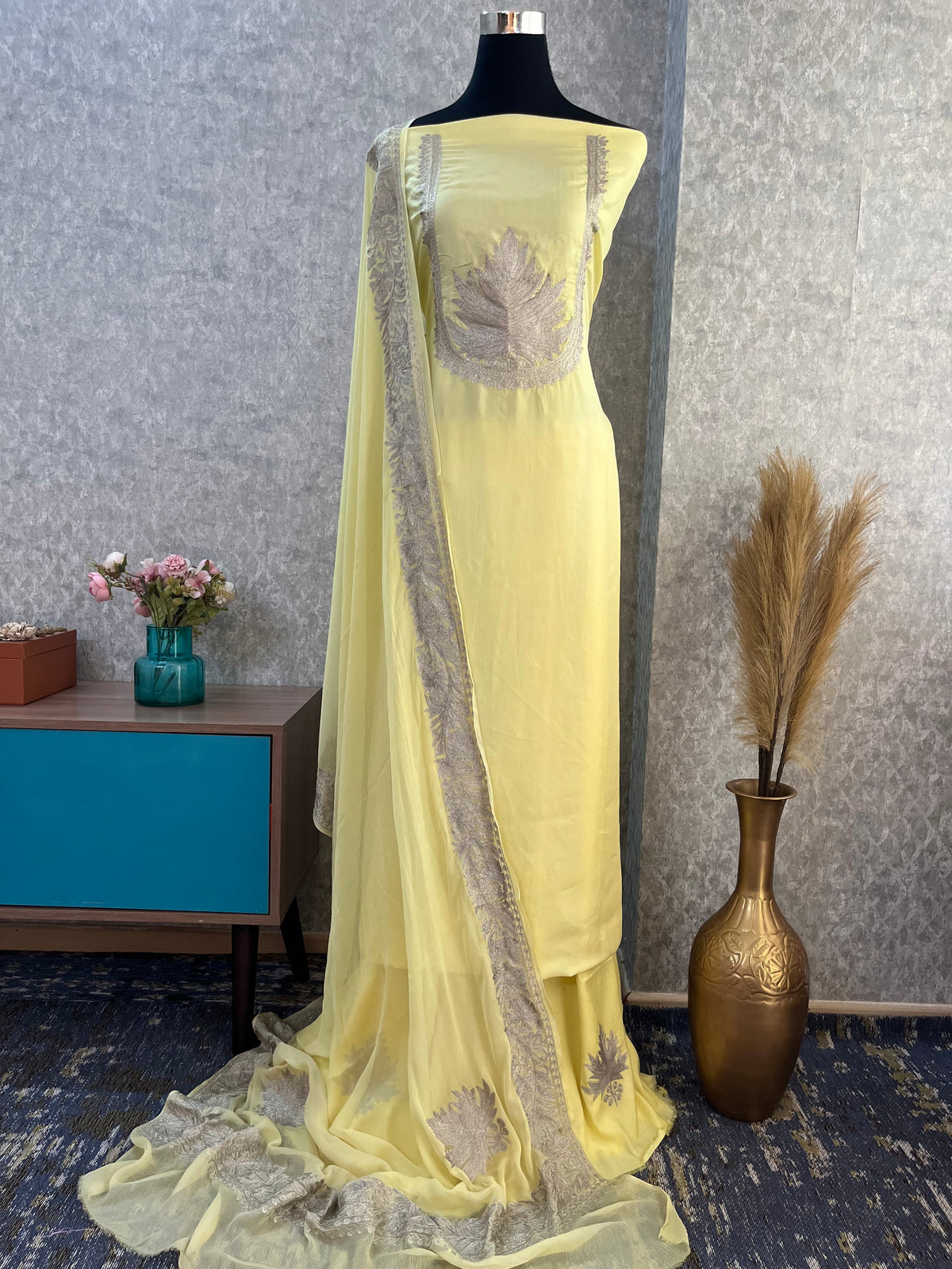 Lemon Yellow Sanam’ Tilla Kashmiri Silk Suit