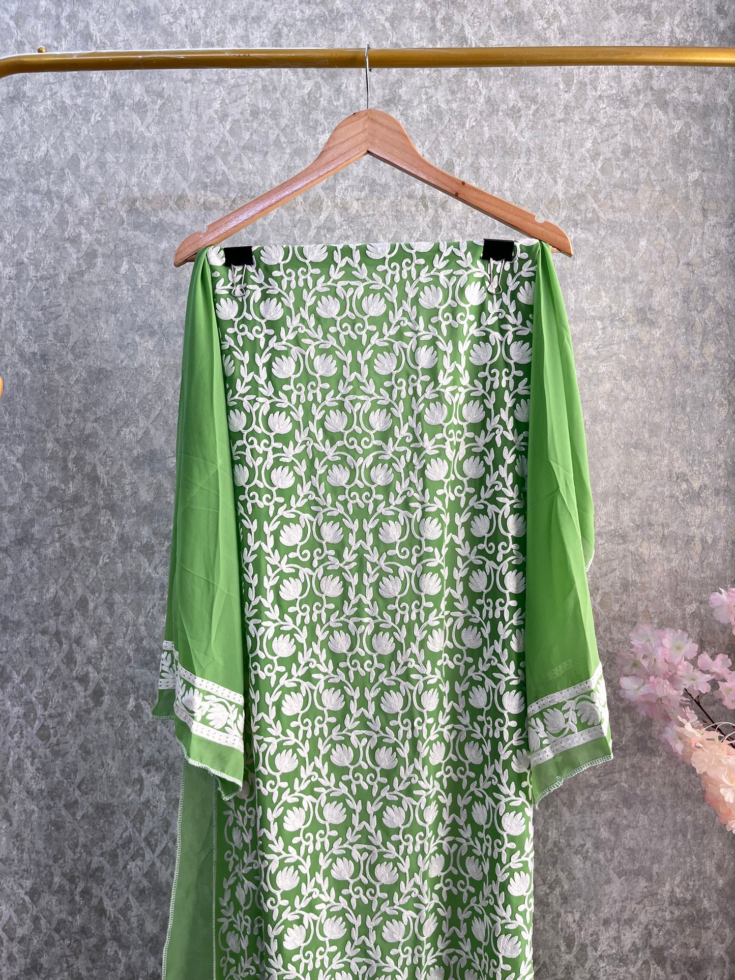 Georgette Green Jaal Work Semistitched Kurta Material