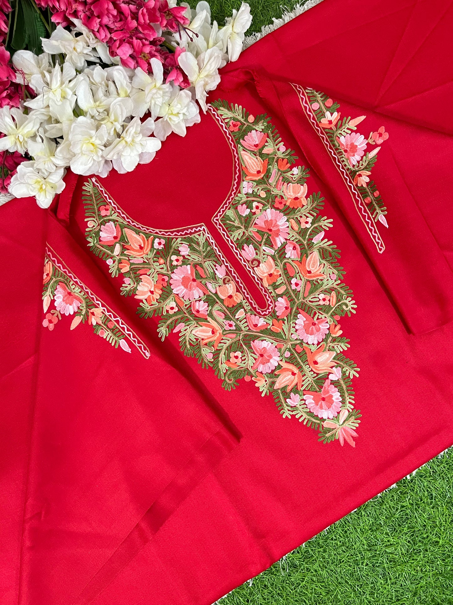 Red Woollen Aari Embroidered 2pc suit 5mtr