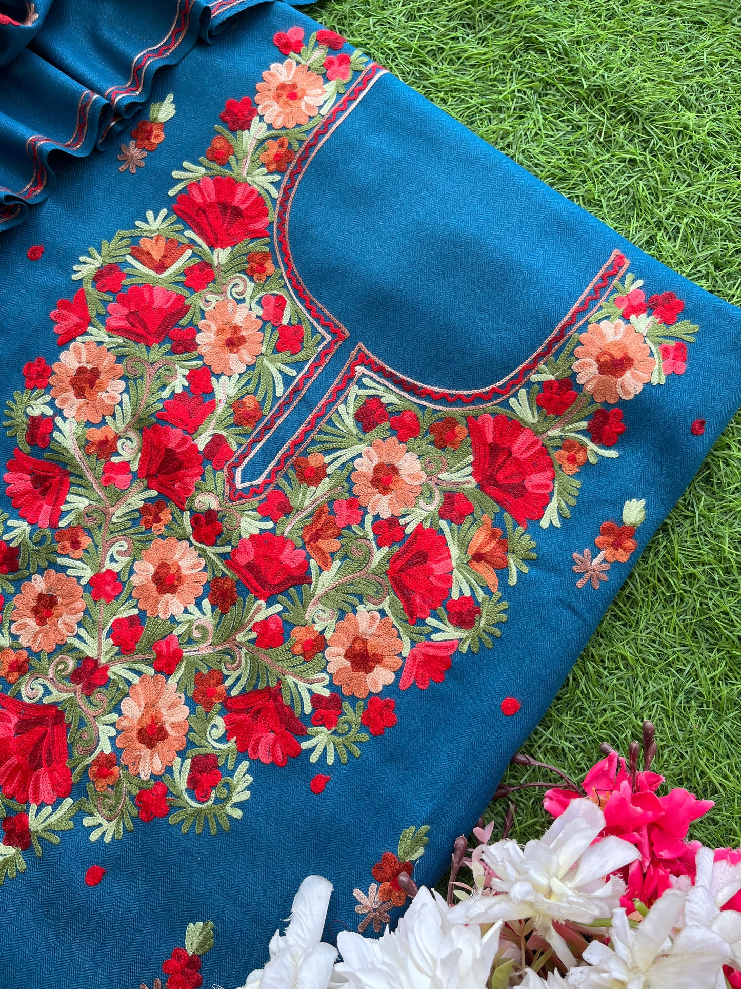 Peacock Blue Woollen Aari Embroidered 3pc suit