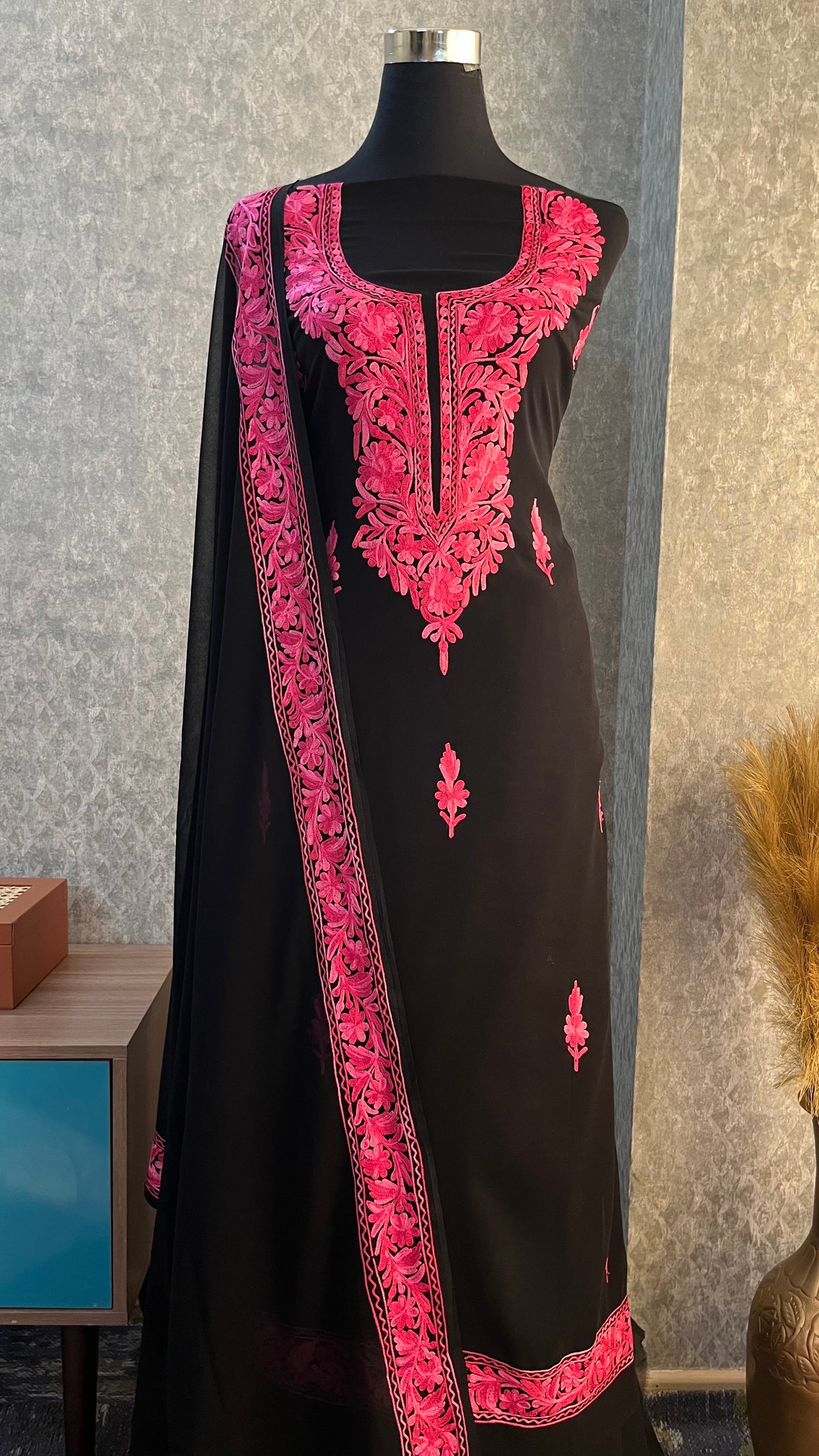 Georgette Black (Pink) 3 Pc Kashmiri Suit