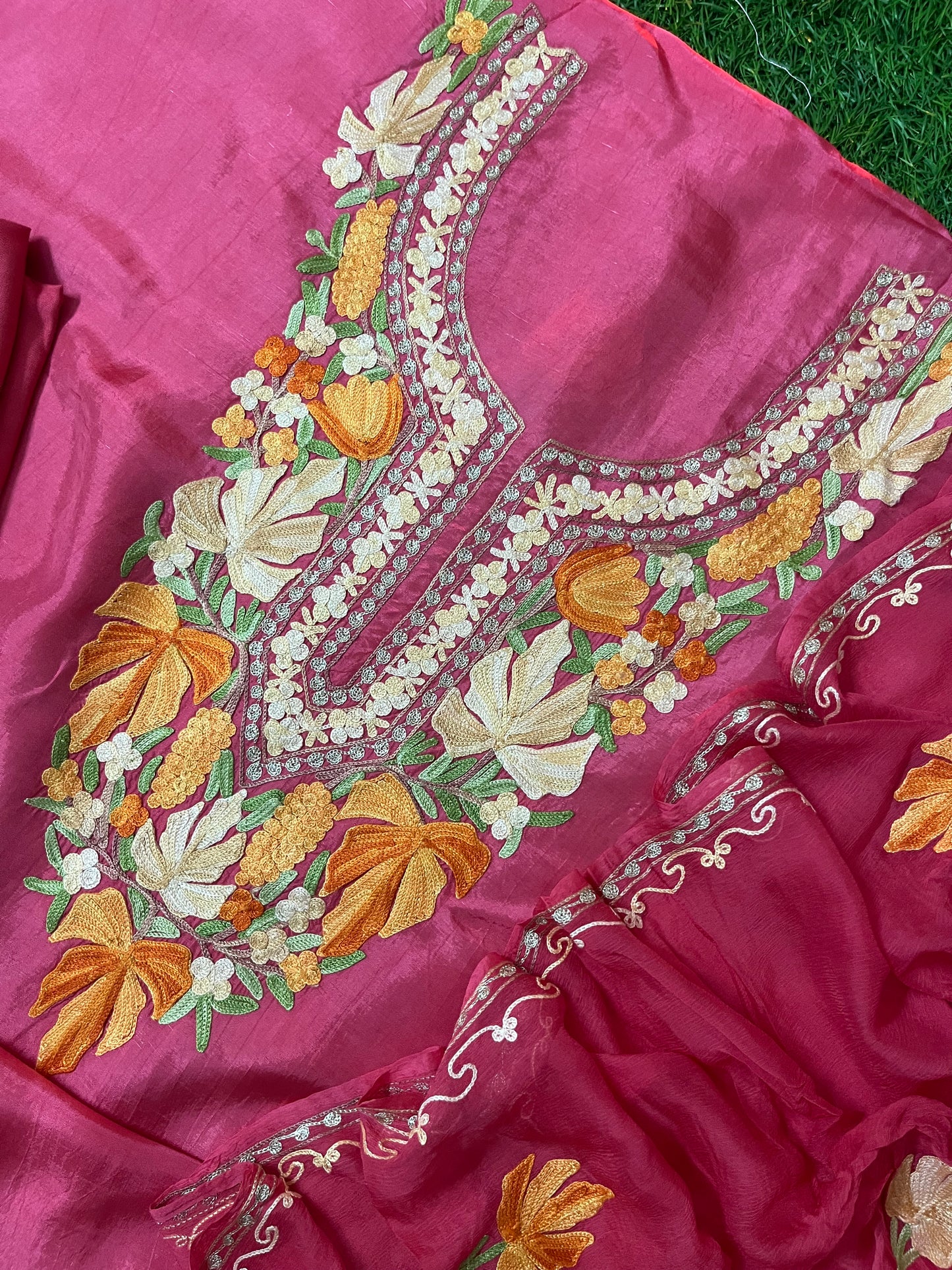 Carrot Pink Opada Silk Aari Embroidered Suit material