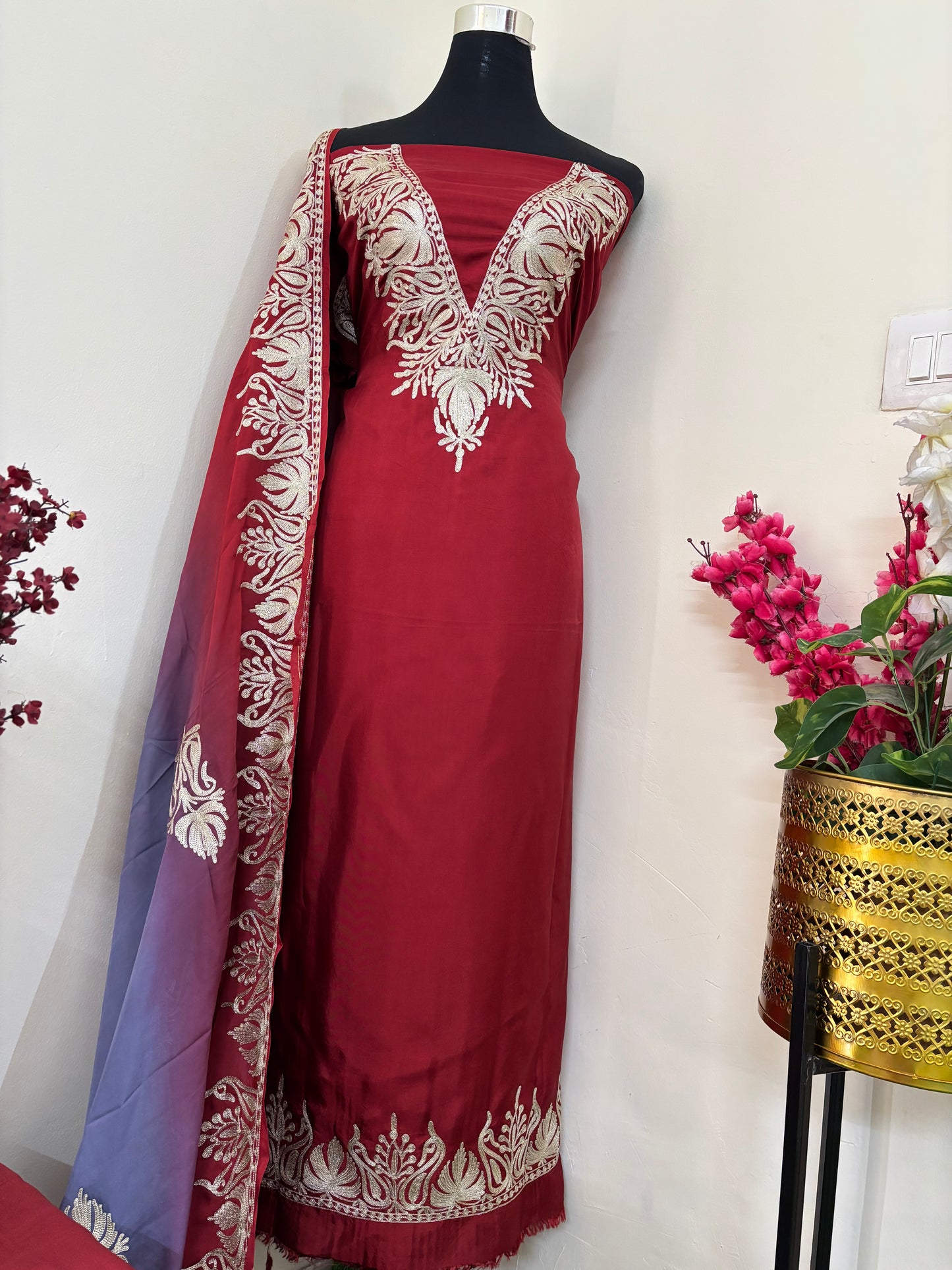 Sanam Maroon Silk Kashmiri Suit