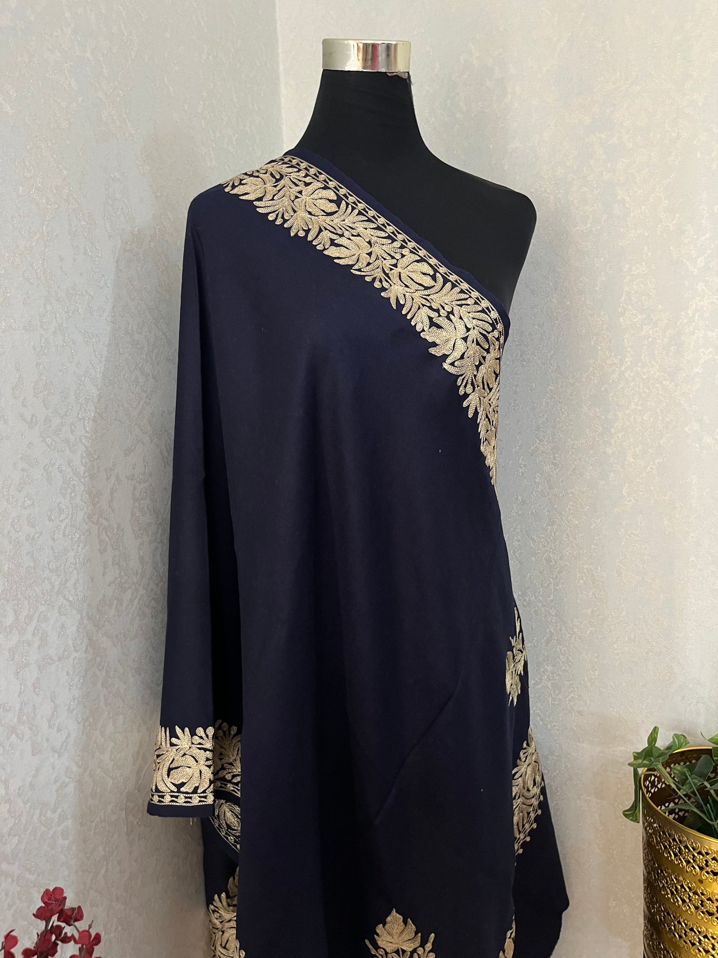 Navy Blue Semi Pashmina Tilla Embroidered stole