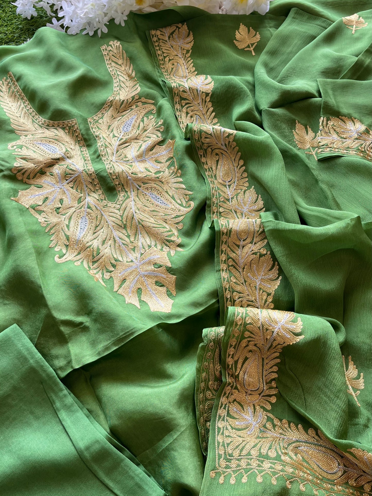 ‘Kalaa’ Lawn Green Opada Silk Tilla Embroidered Suit material (on Order)