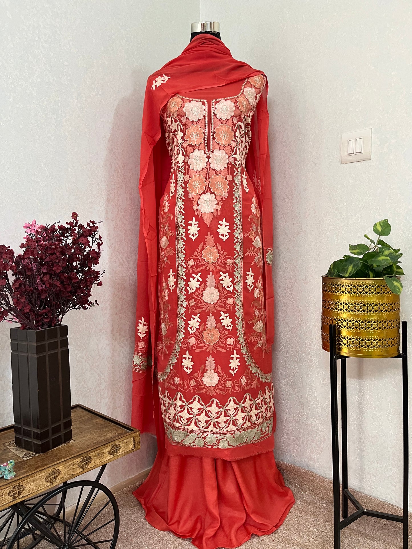 Soft Peach Pure Georgette 3 Pc Heavy Kashmiri Suit