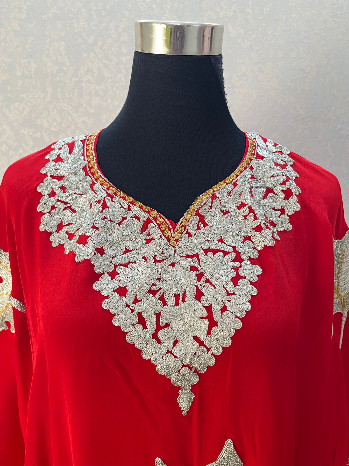 Red Crape Kashmiri Kaftan Set