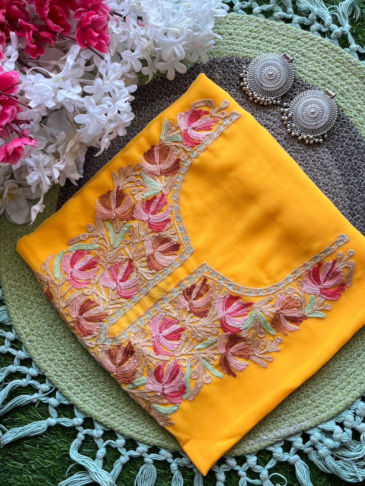 Yellow Georgette Aari Embroidered Unstitched Kurta Material