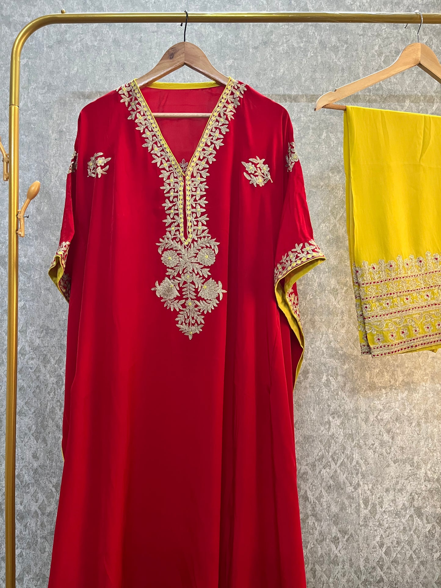 Red Crape Kashmiri Kaftan Set size (44)