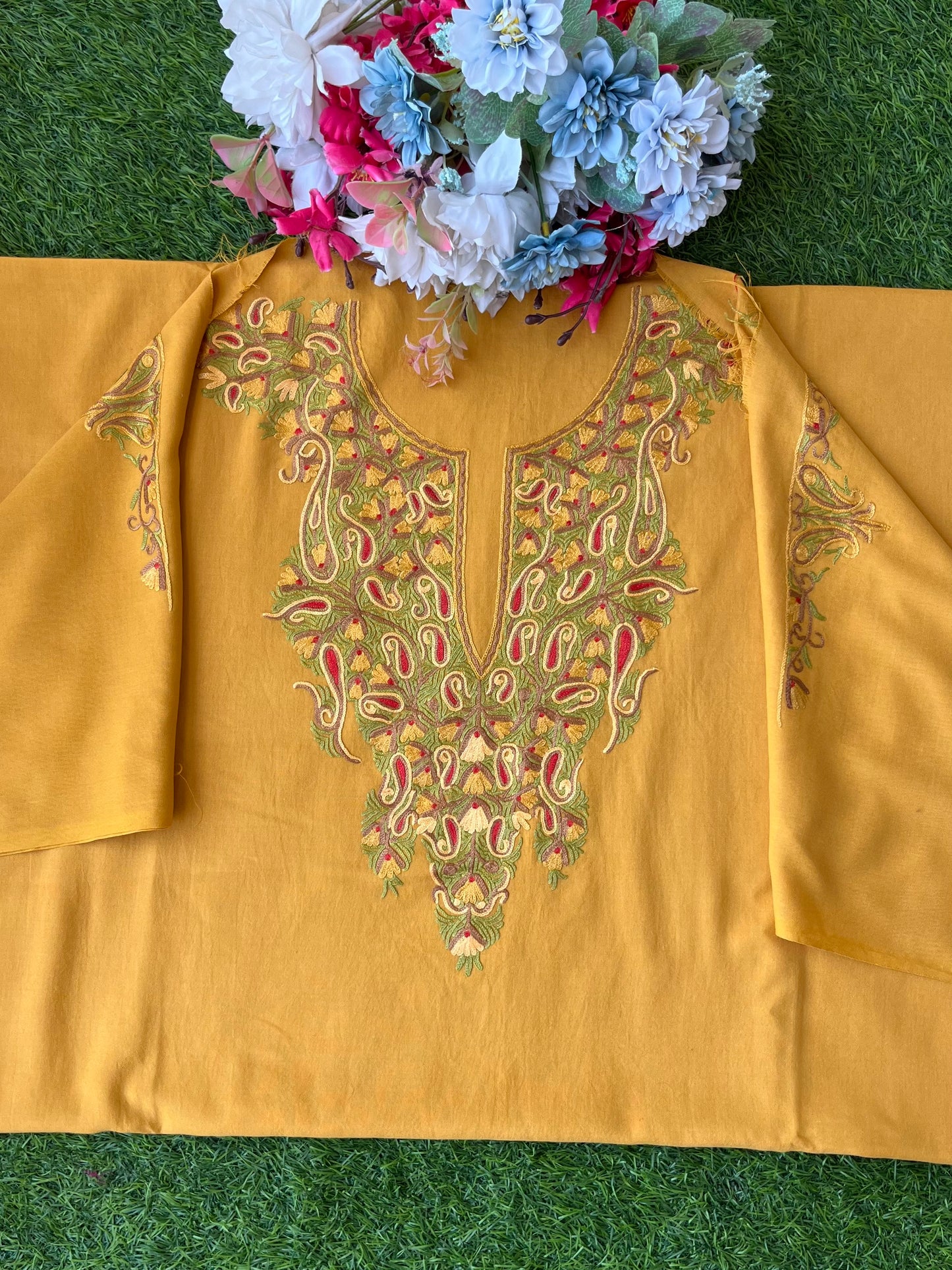 Mud Yellow Cotton Two Piece Suit (Hand Embroidered)