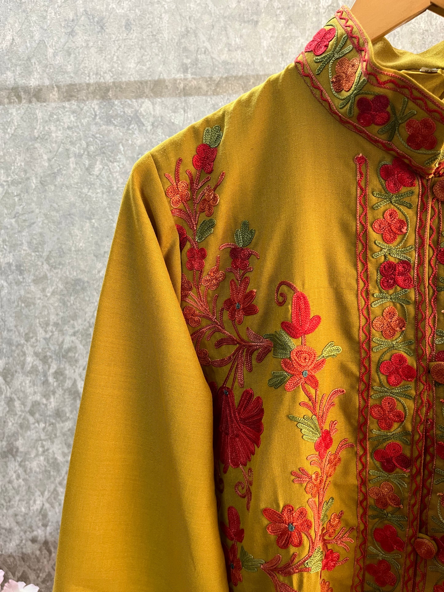 Henna Green Cotton Aari Work Jacket