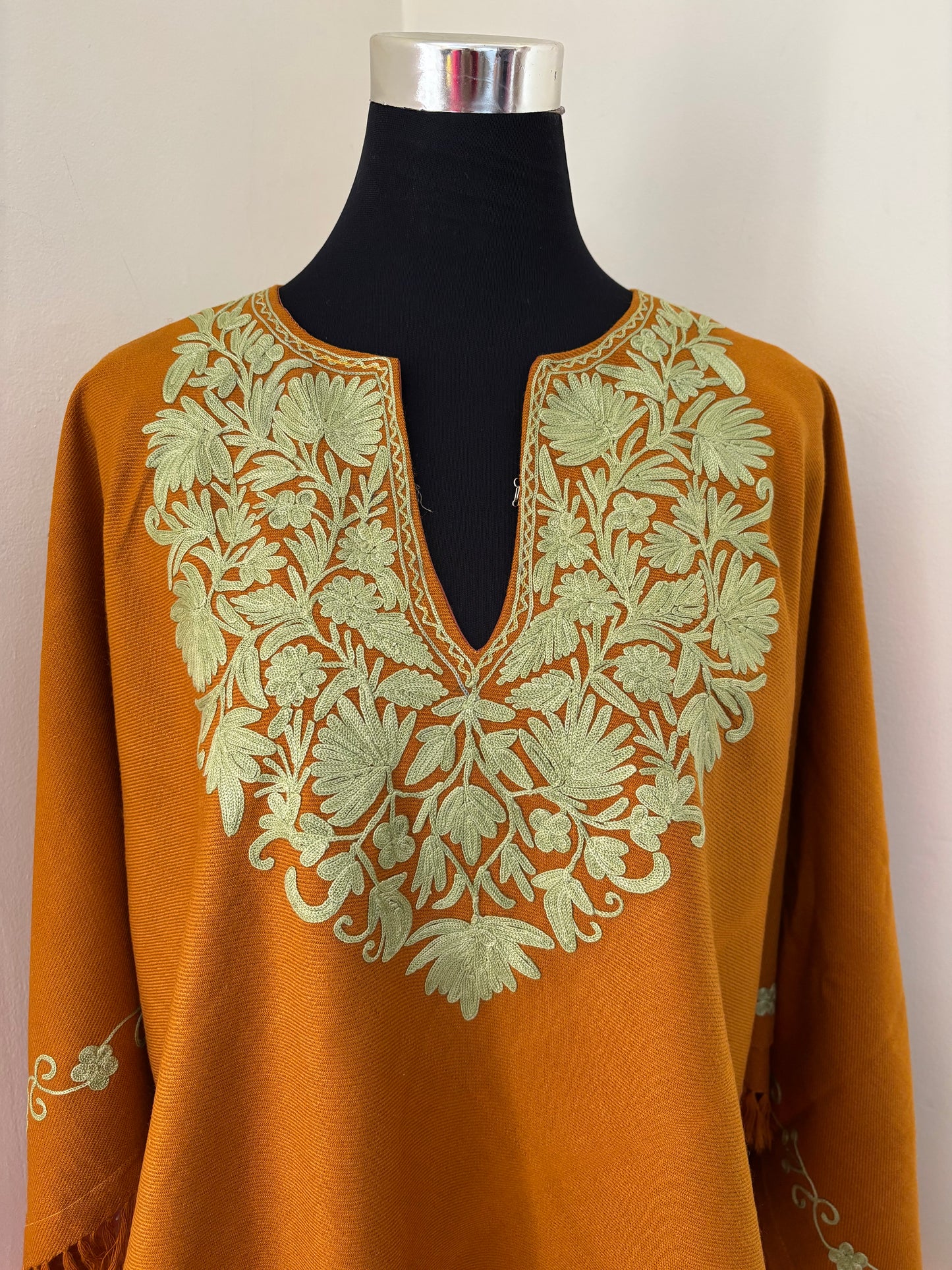 Mustard Orange Aari Embroidered Wool Poncho