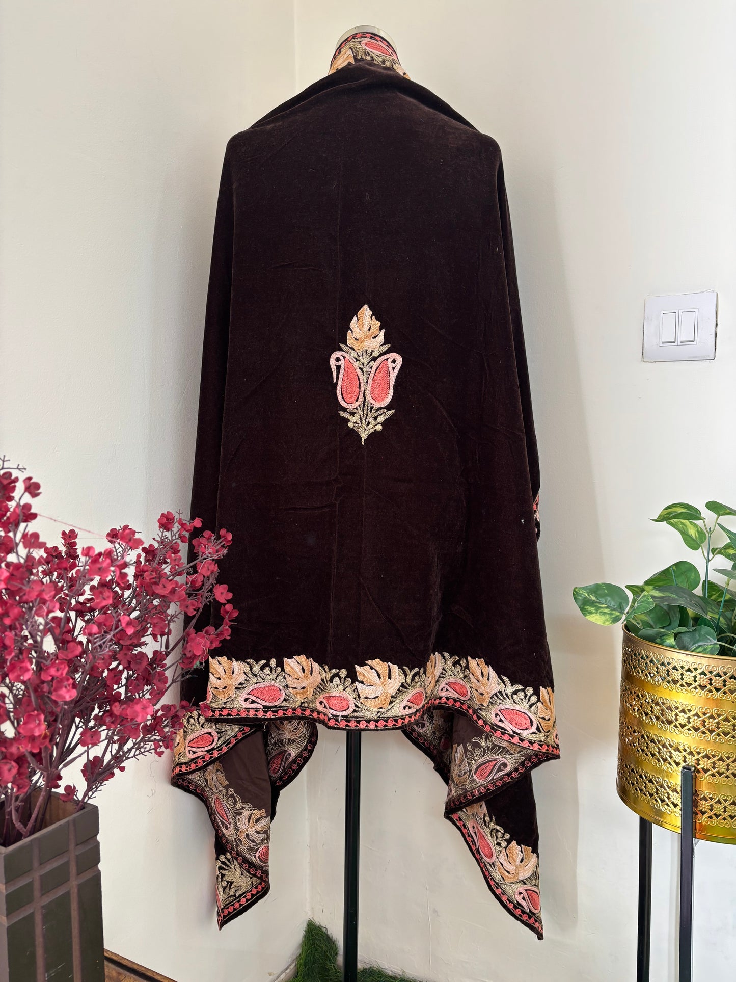 Brown Aari Embroidered Velvet Cape