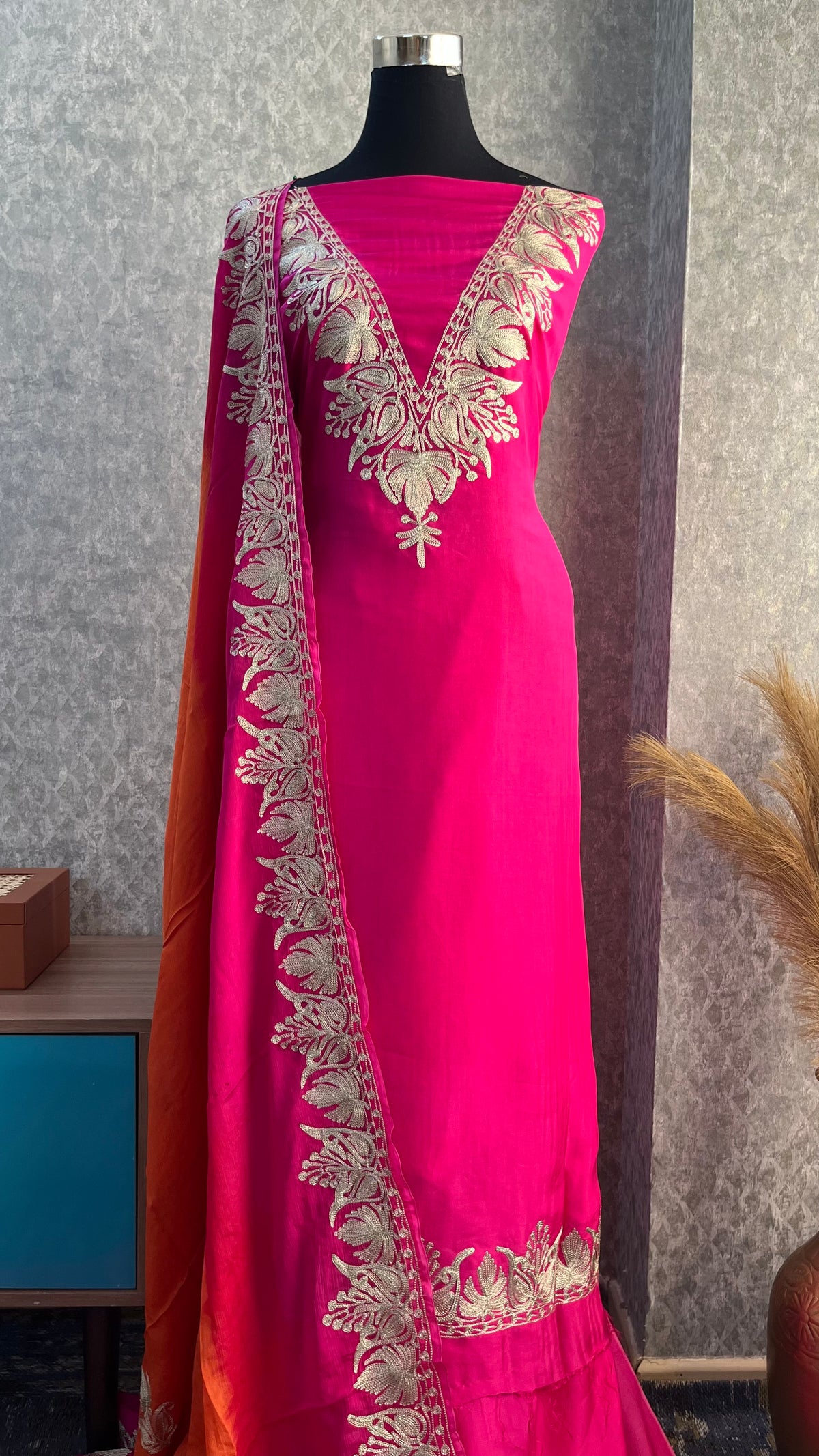 Hot pink Sanam Silk Kashmiri Suit