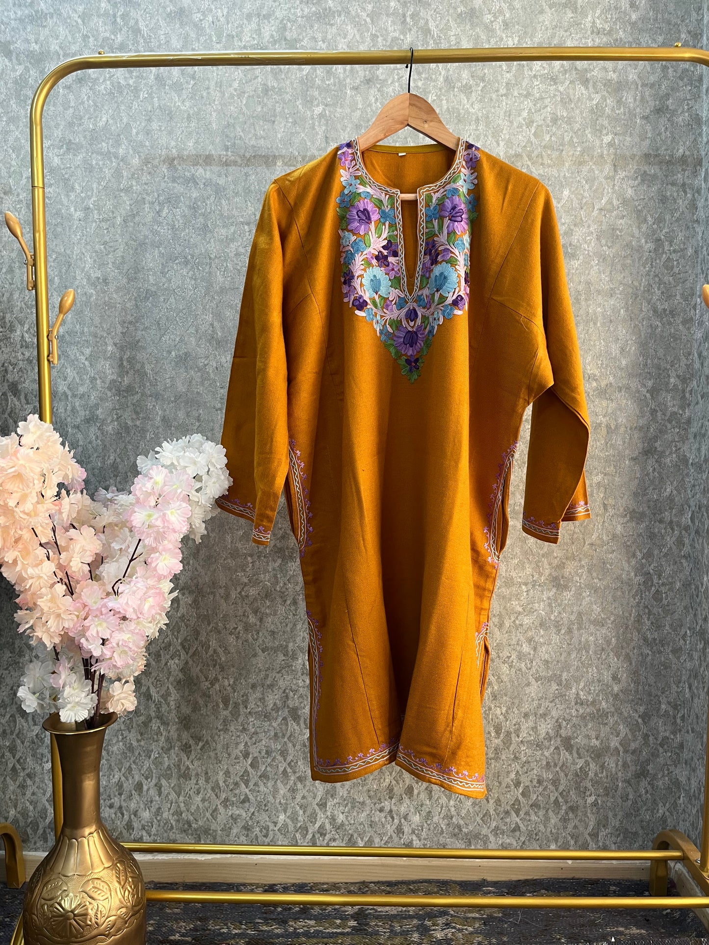Mustard Yellow Aari Embroidered Wool Pheran