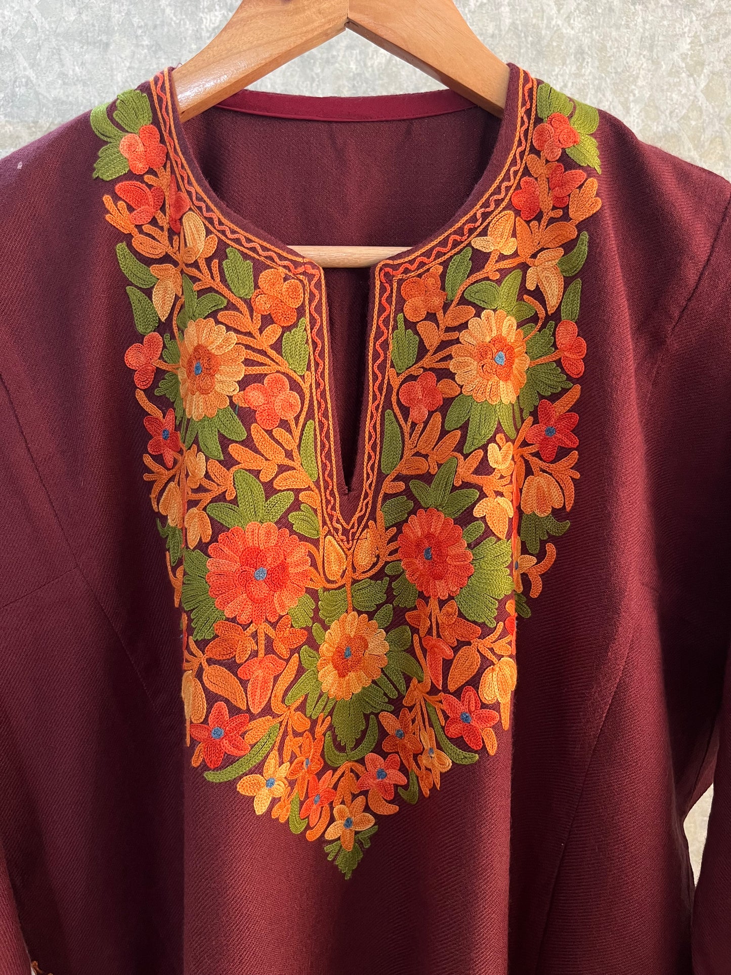 Reddish Brown Aari Embroidered Wool Pheran