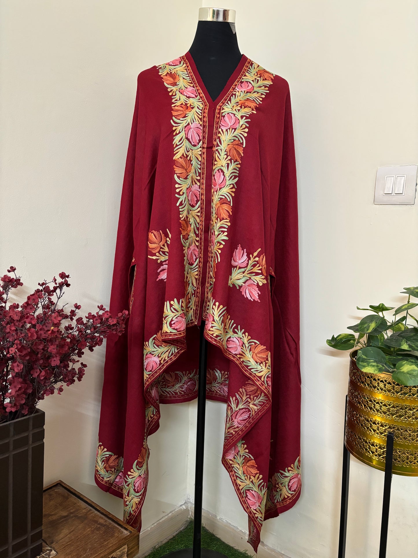 Maroon Aari Embroidered Pure Wool Cape