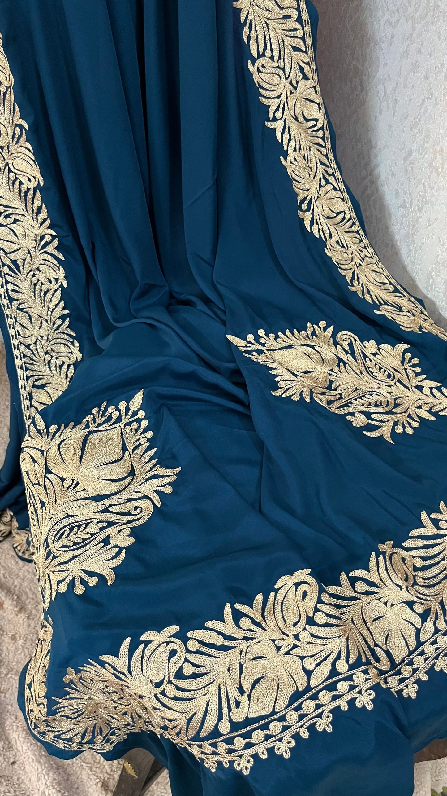 Teal Blue Crape Kashmiri Tilla Saree