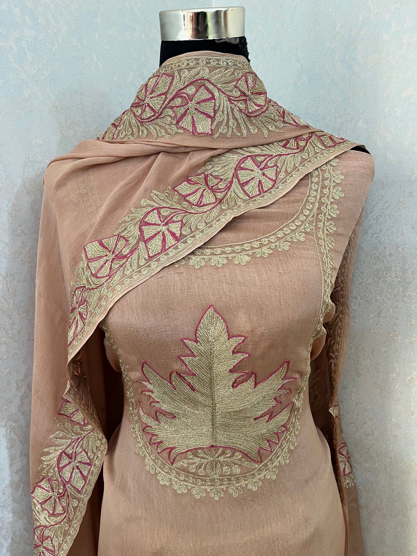 Peach Chinon 3 Pc Aari Embroidered Suit