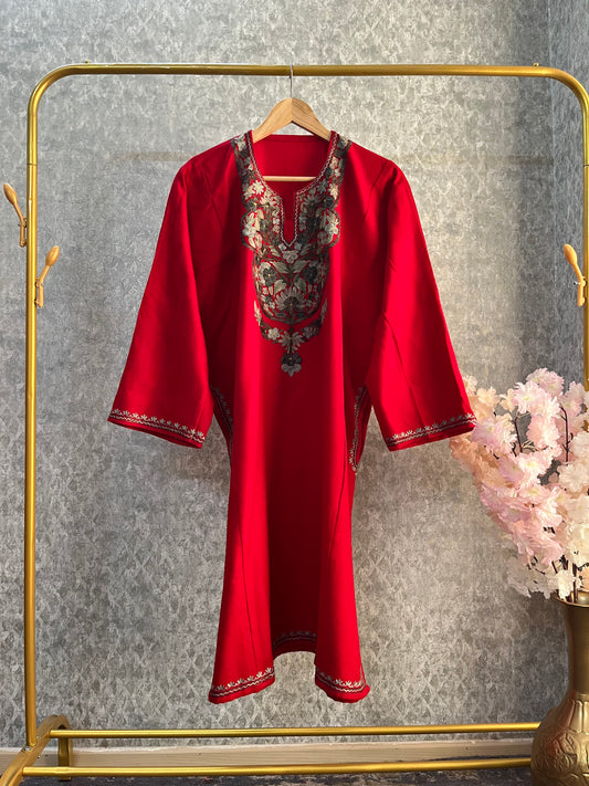 Red Aari Embroidered Wool Pheran