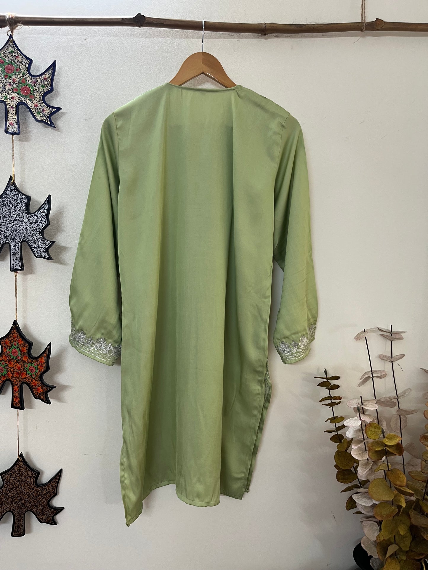 Soft Green Cotton Tilla Embroidered Stitched Kurta