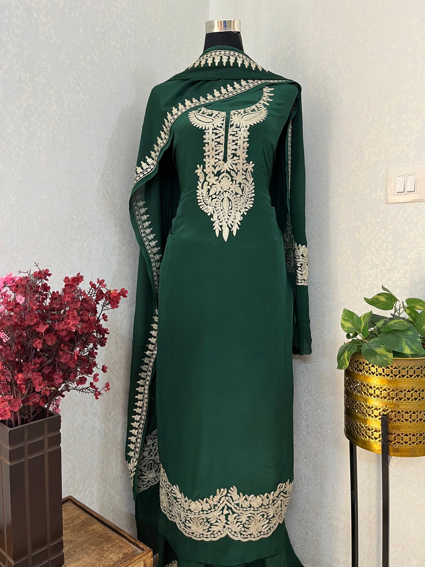 Bottle Green Crape Kashmiri Suit
